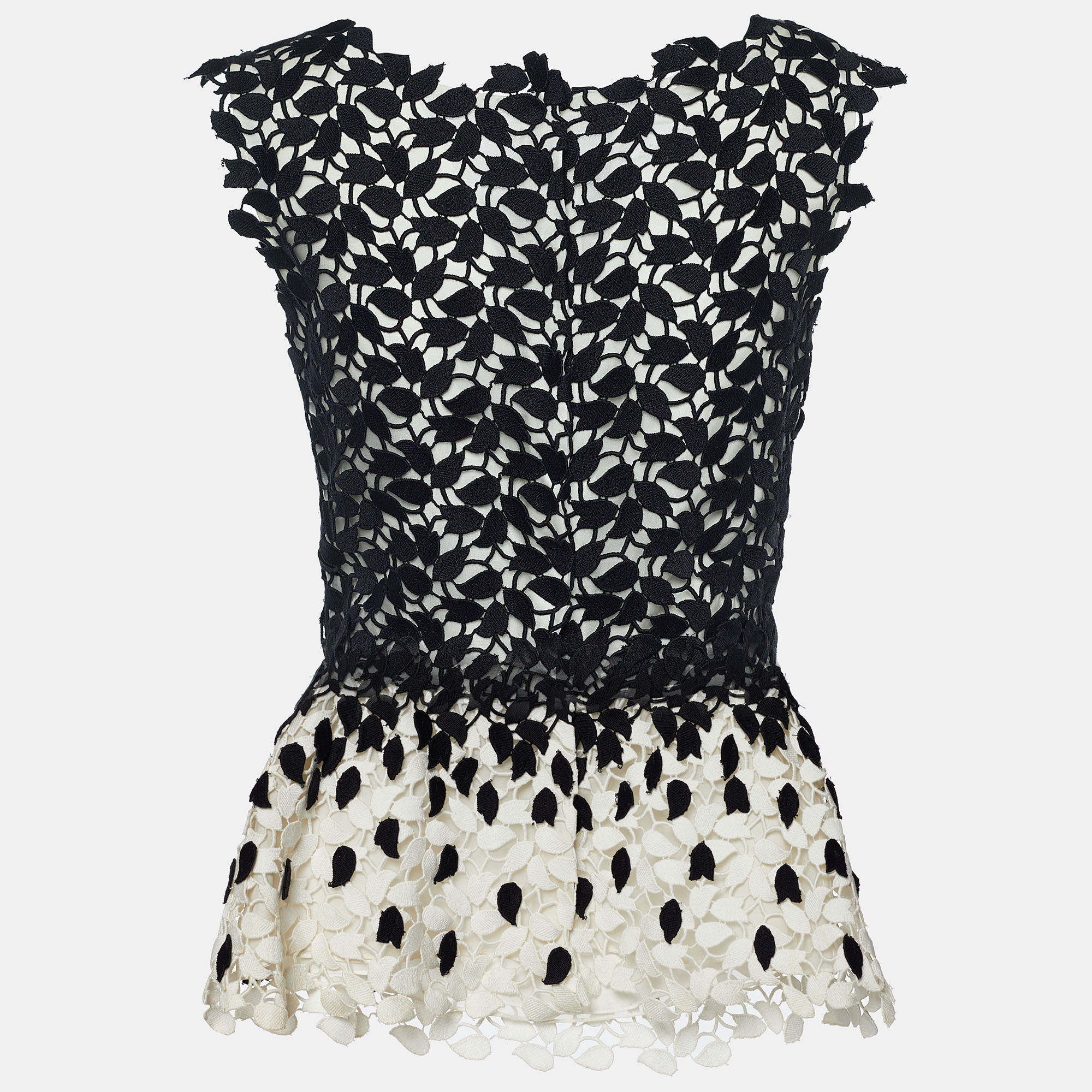 

Oscar de la Renta Monochrome Guipure Lace Sleeveless Peplum Top, Black