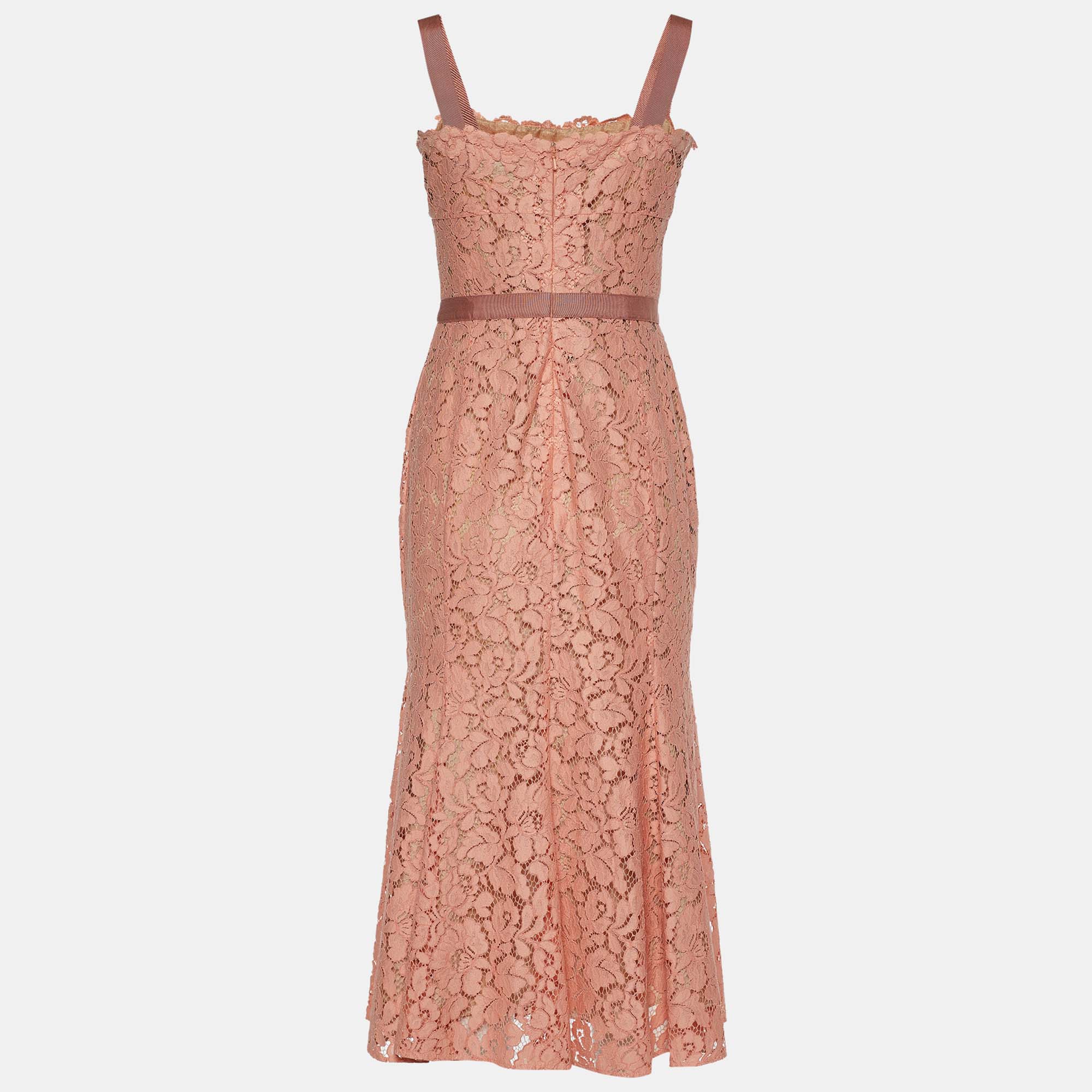 

Oscar de la Renta Peach Floral Lace Fluted Hem Sleeveless Dress, Pink