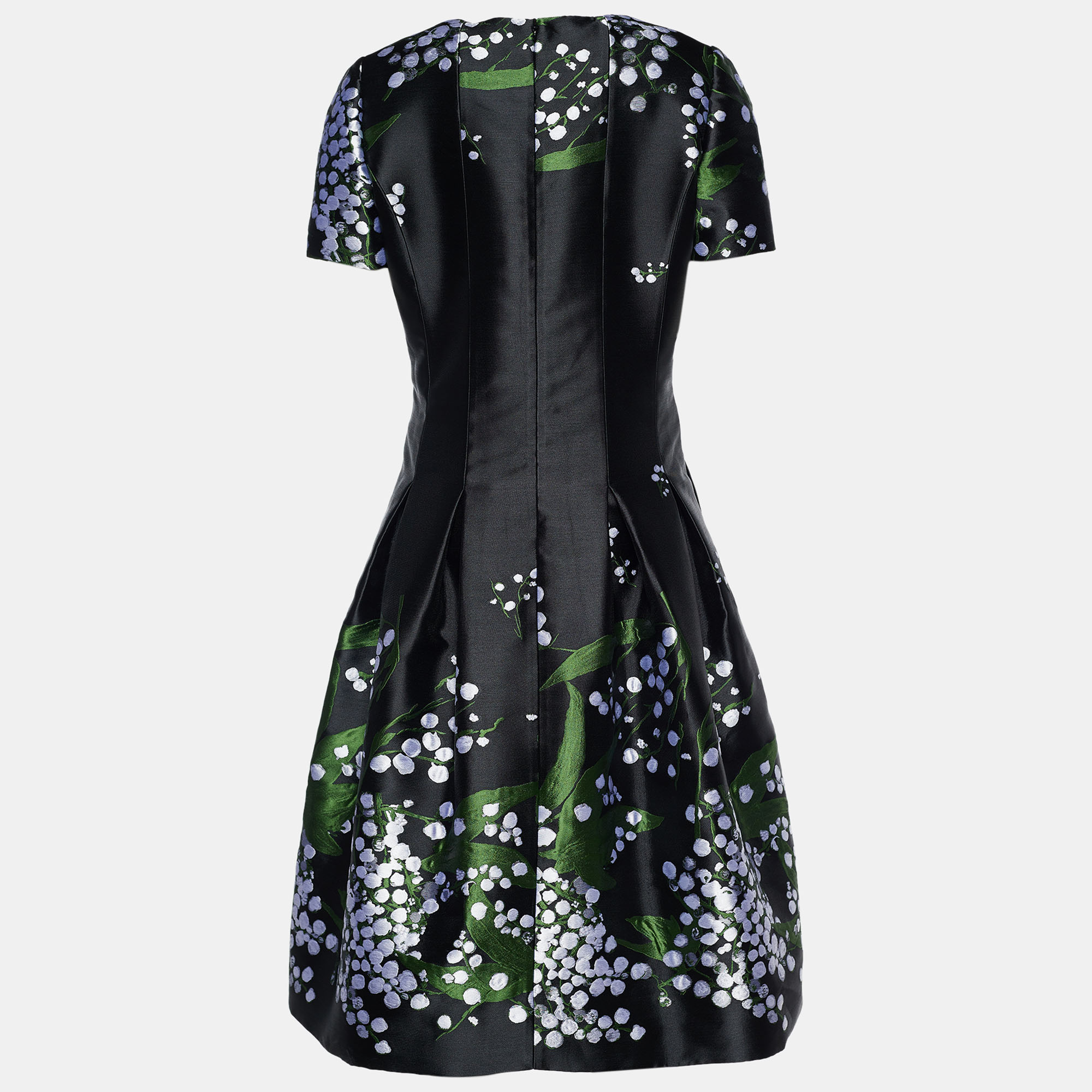 

Oscar de la Renta Black Silk Floral Jacquard Flared Dress