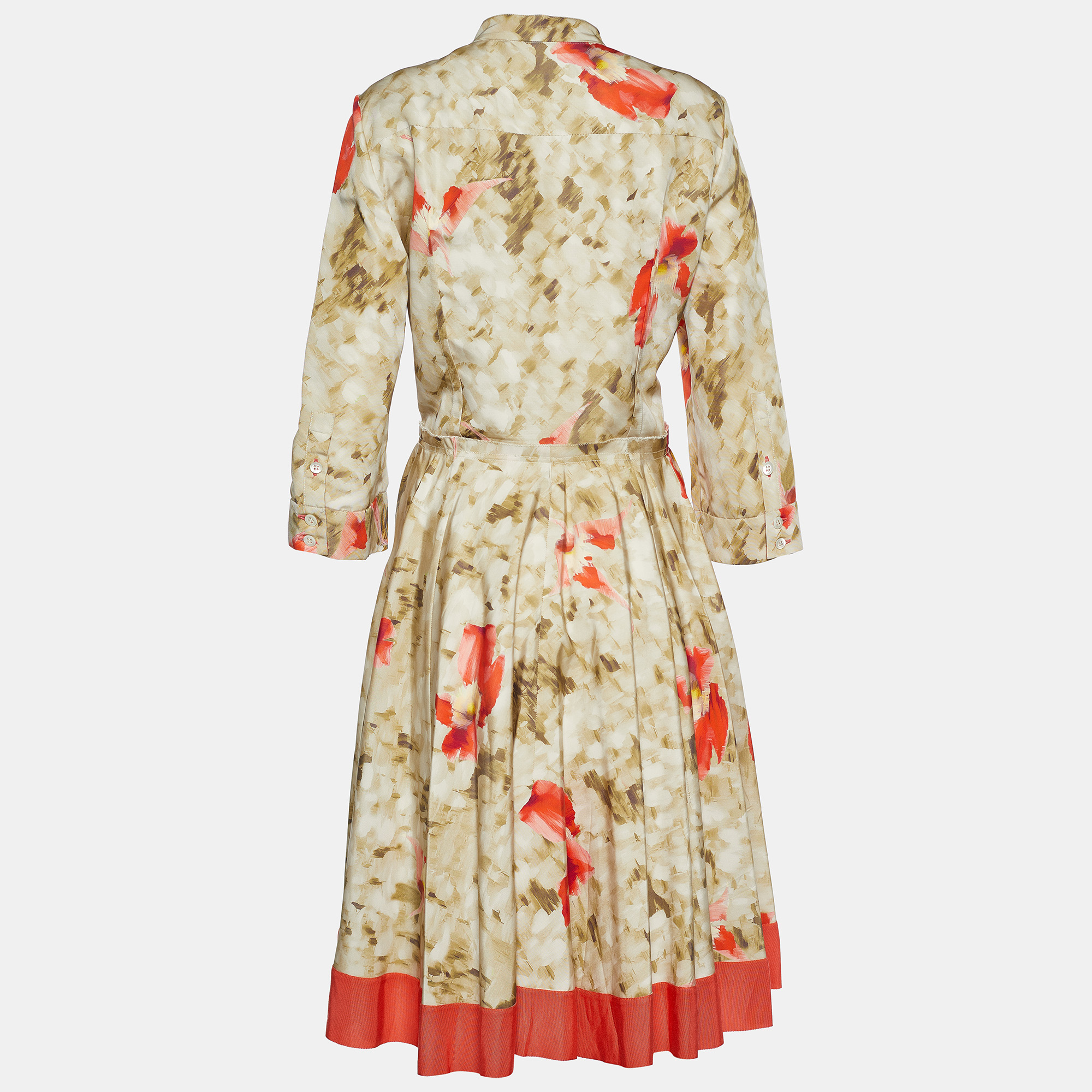 

Oscar de la Renta Beige Brushstroke Print Silk Midi Dress