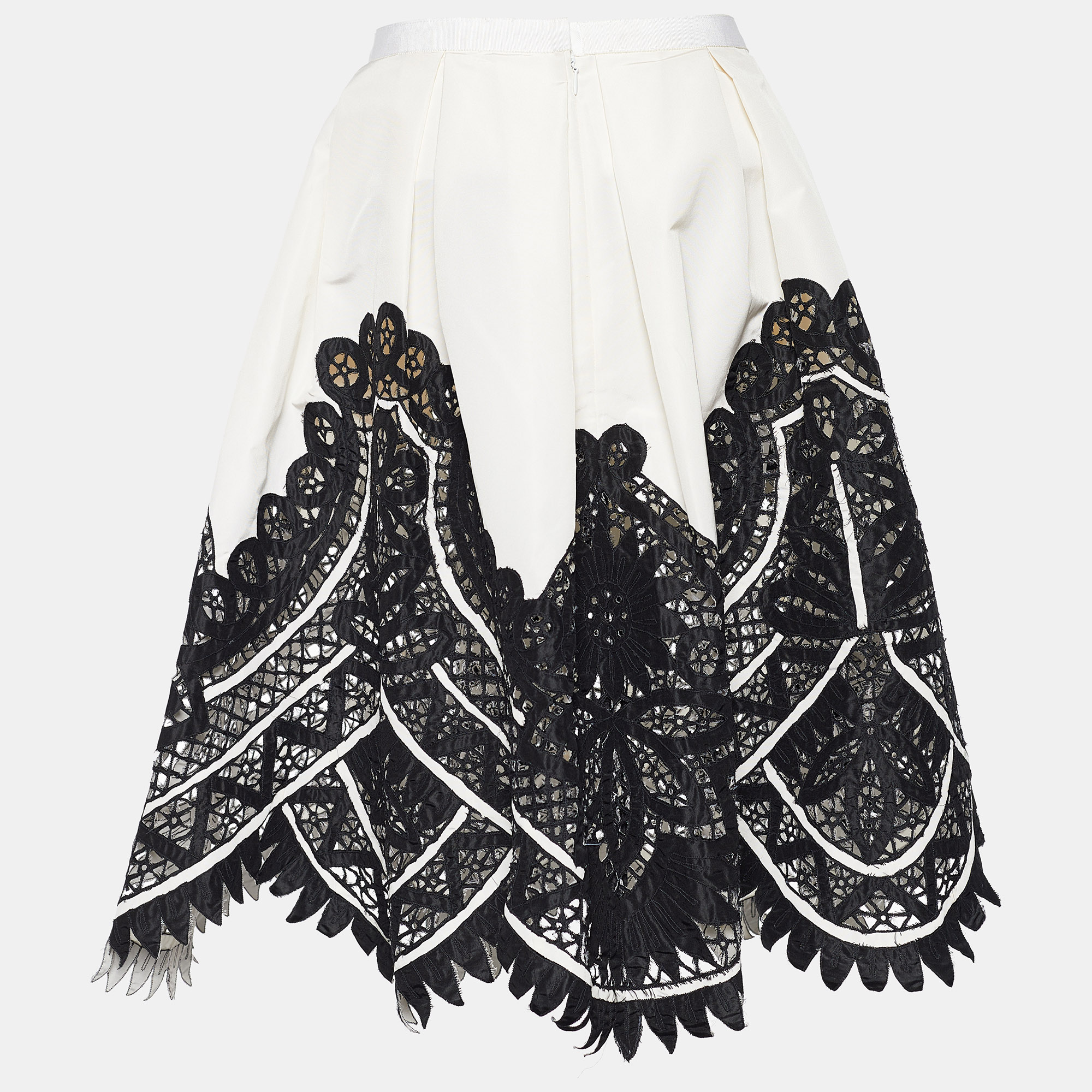 

Oscar de la Renta Monochrome Silk Lace Applique Pleated Skirt, Cream