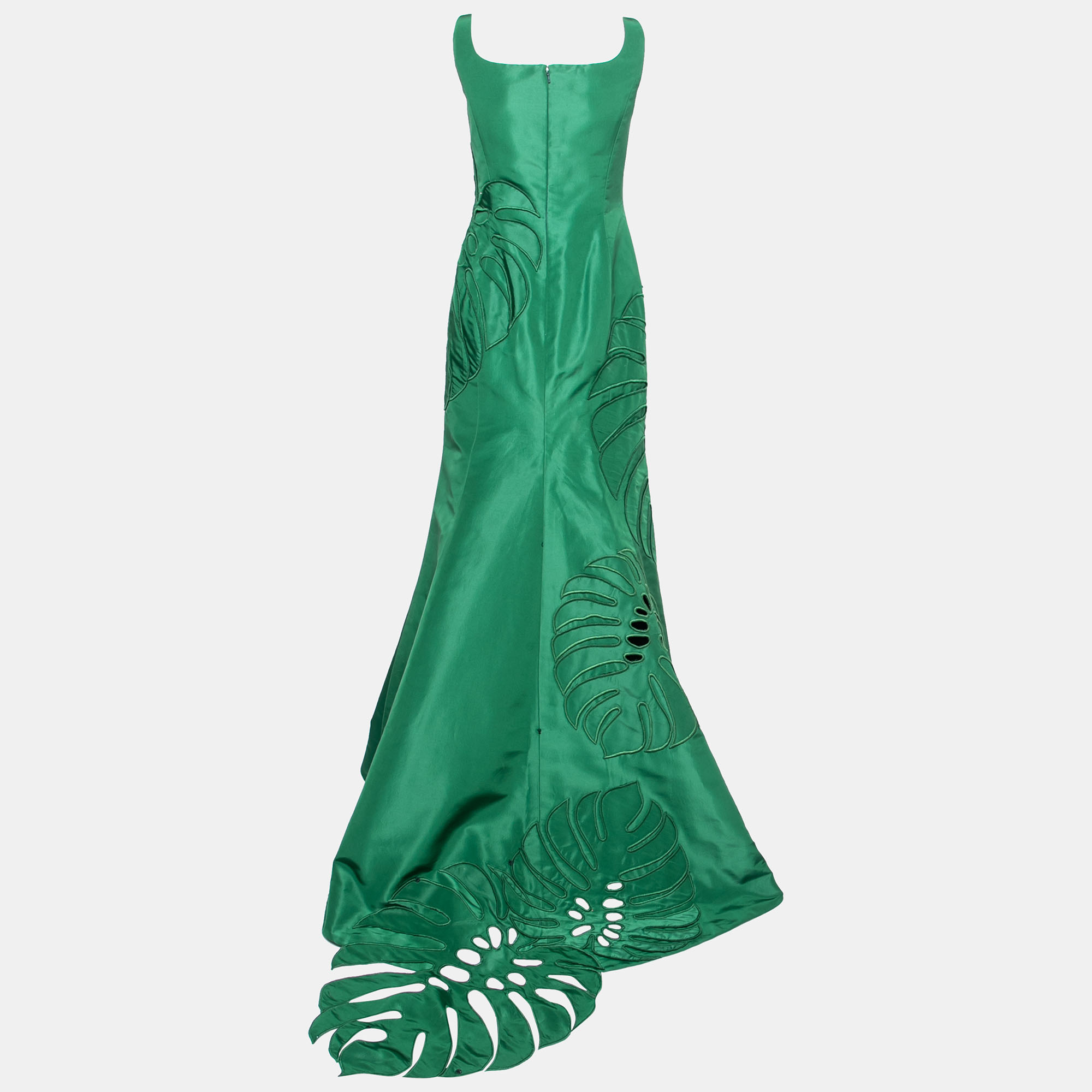 

Oscar de la Renta Green Silk Palm Leaf Cut-Out Detail Trumpet Gown