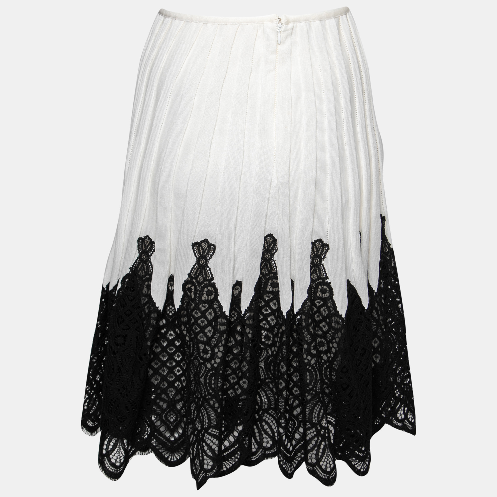 

Oscar de la Renta Ivory Silk Lace Applique Pleated Skirt, Cream