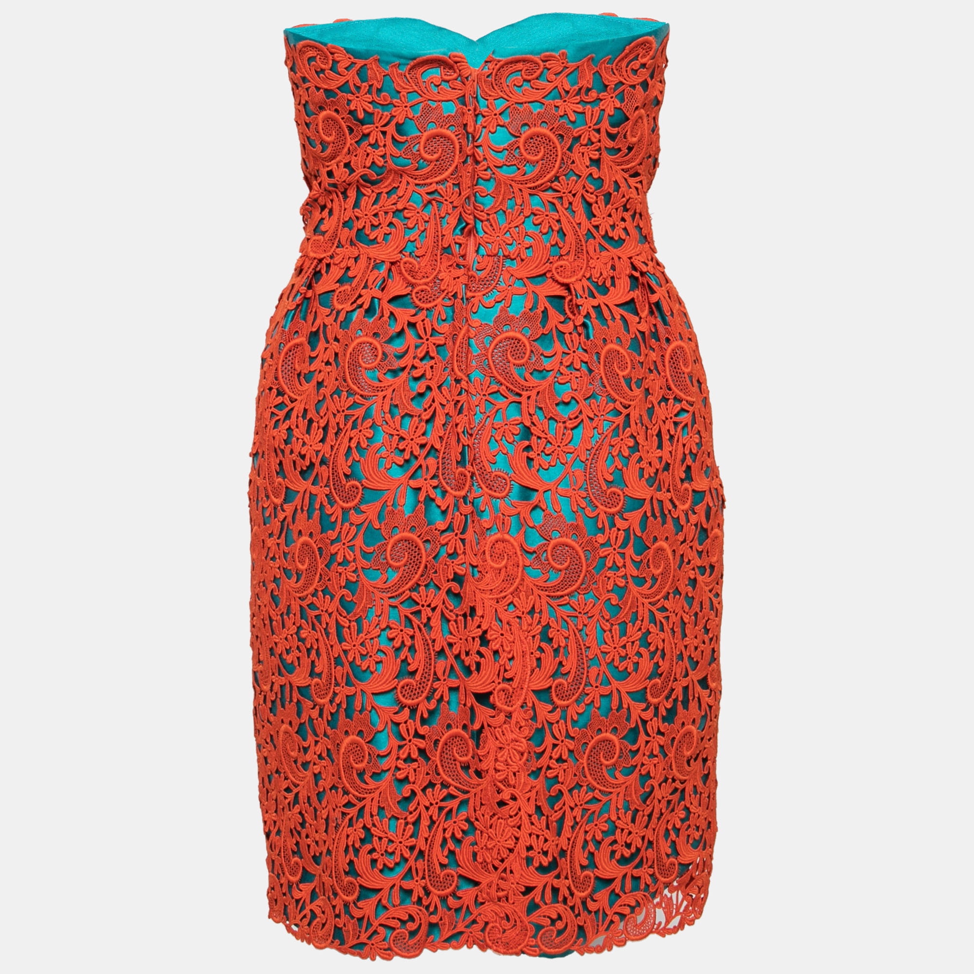 

Oscar de la Renta Teal & Orange Lace Overlay Strapless Dress