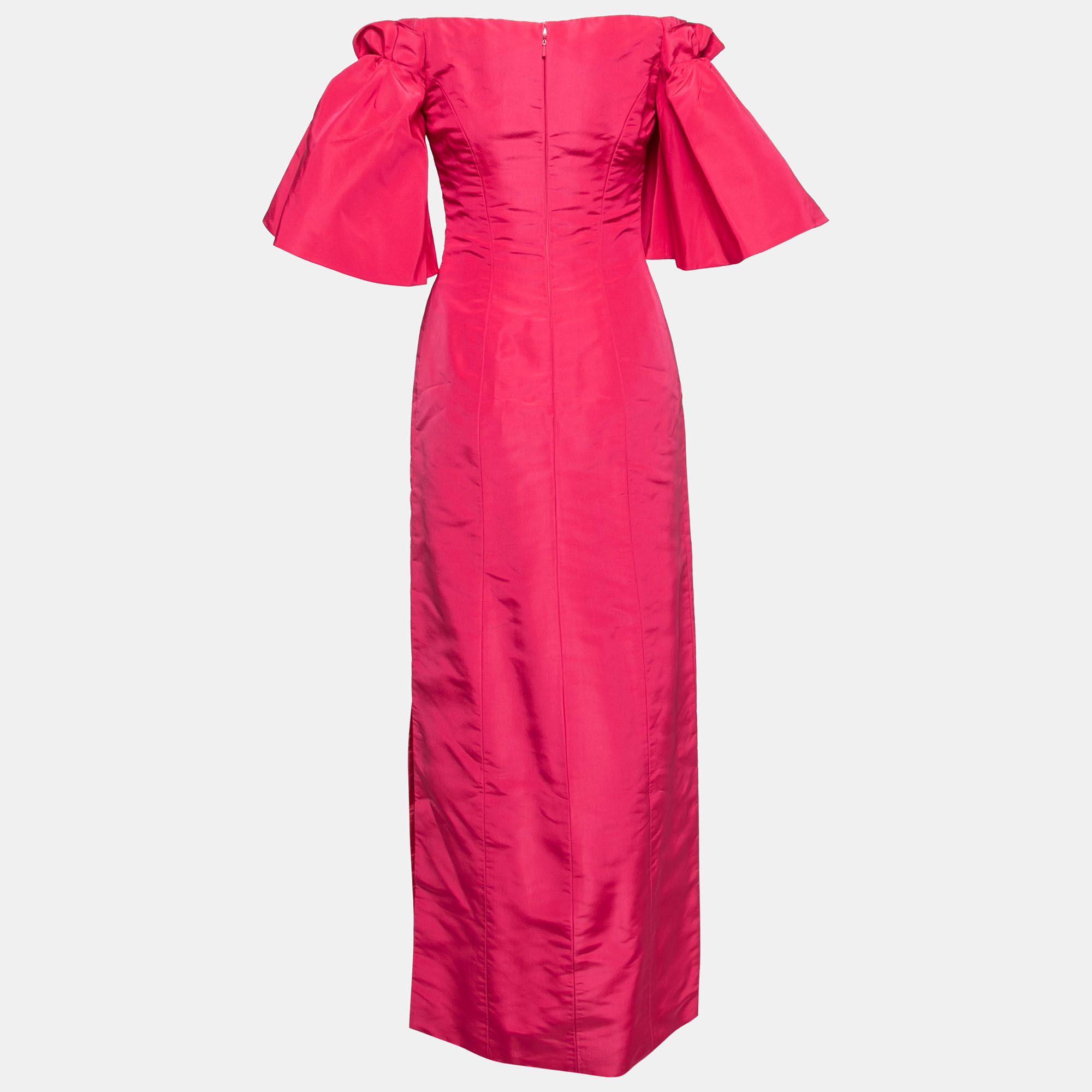 

Oscar de la Renta Pink Silk Off-Shoulder Flutter Sleeve Long Dress