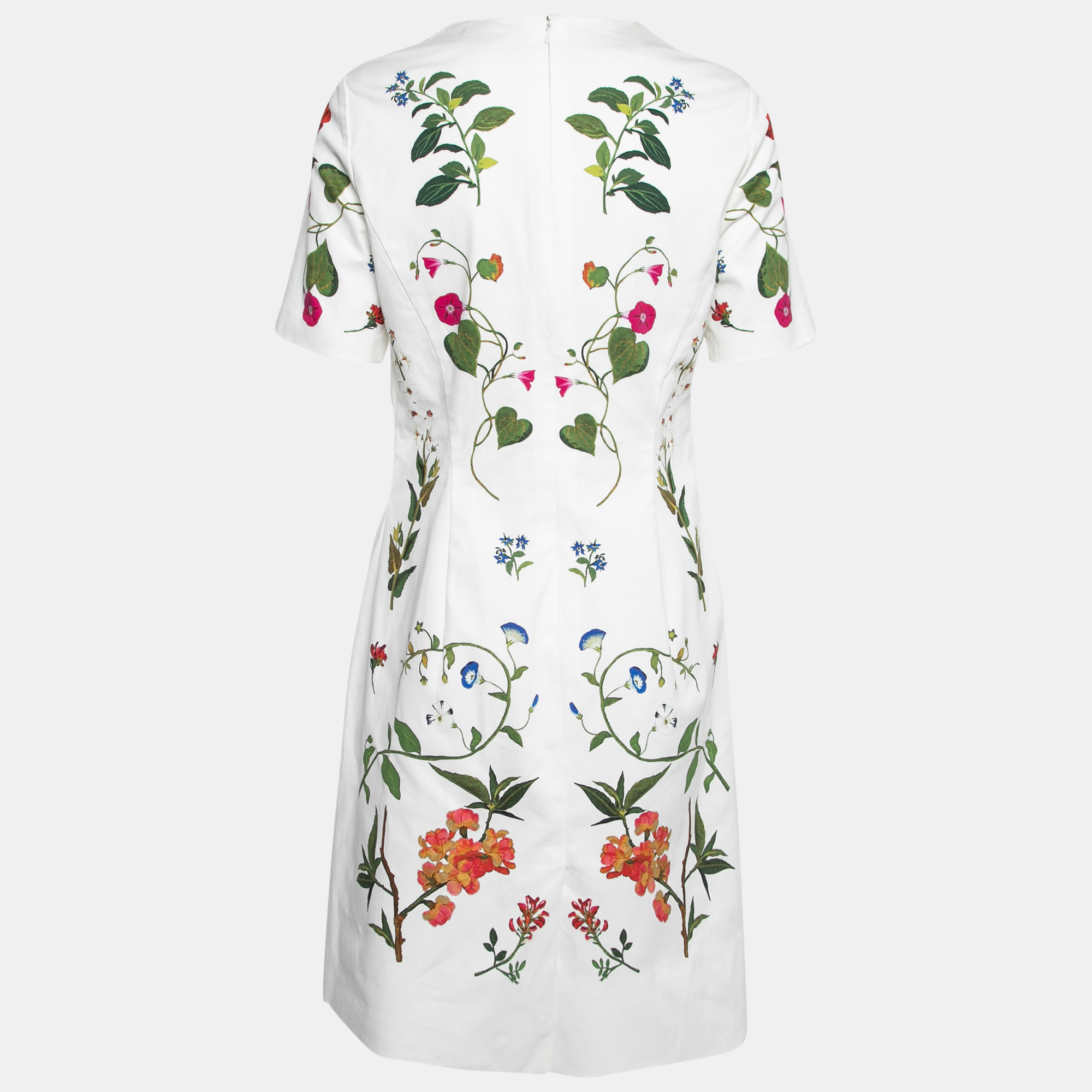 

Oscar de la Renta White Floral Printed Cotton Short Sleeve Dress