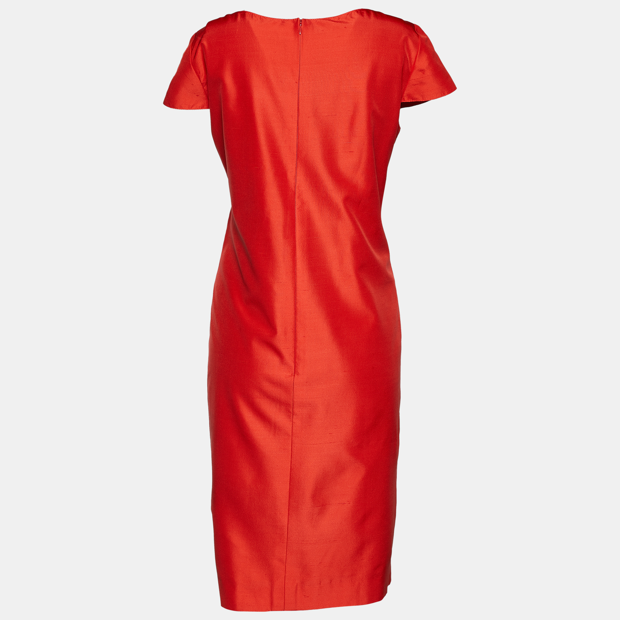 

Oscar de la Renta Orange Silk Pleated Detail Midi Dress