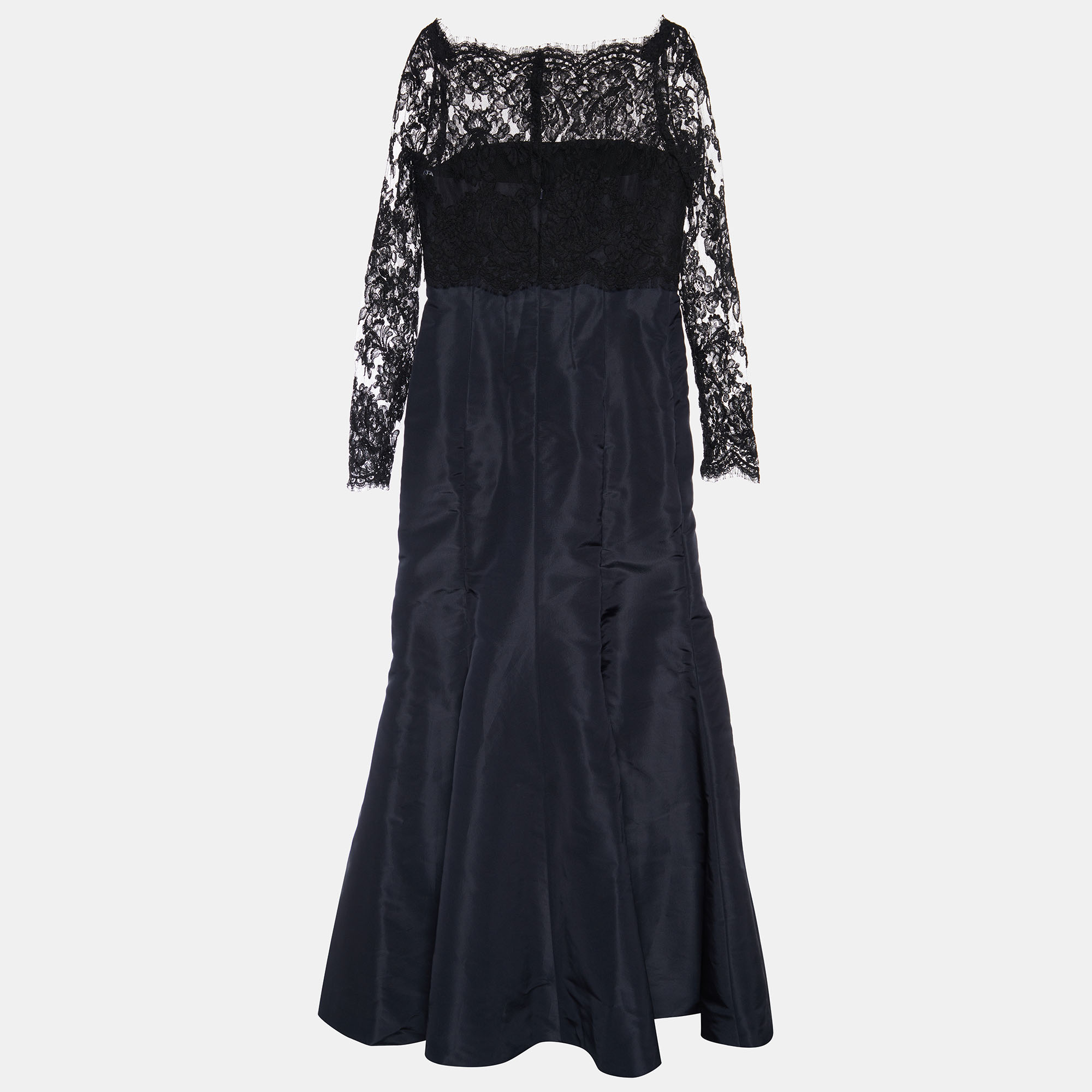 

Oscar de la Renta Navy Blue Silk Taffeta & Lace Boat Neck Gown