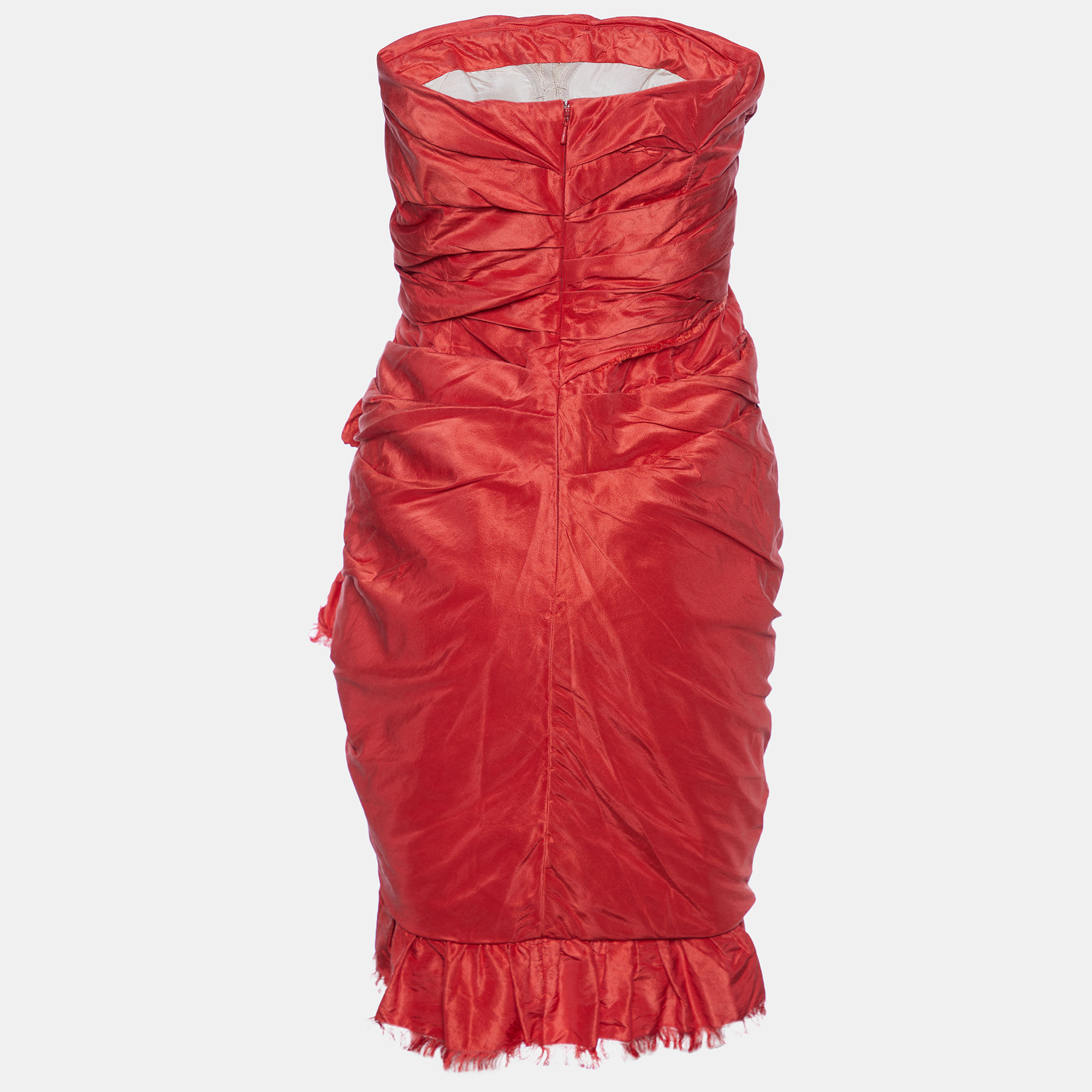 

Oscar de la Renta Red Silk Ruched Bow Detail Strapless Mini Dress