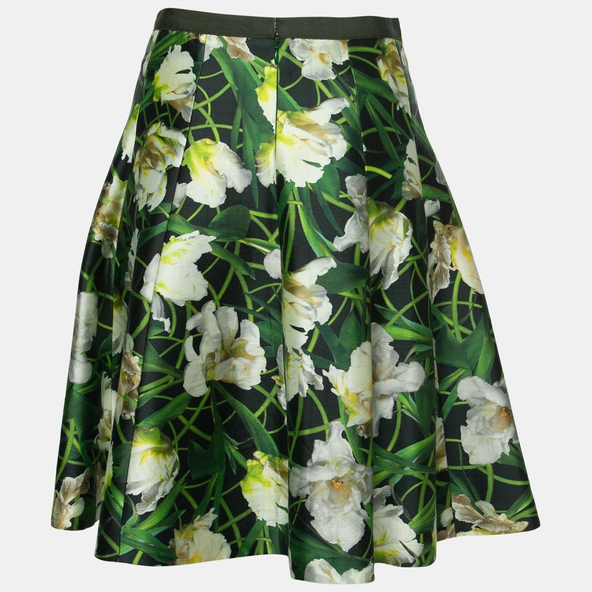 

Oscar de la Renta Green Floral Print Silk & Wool Flared Skirt