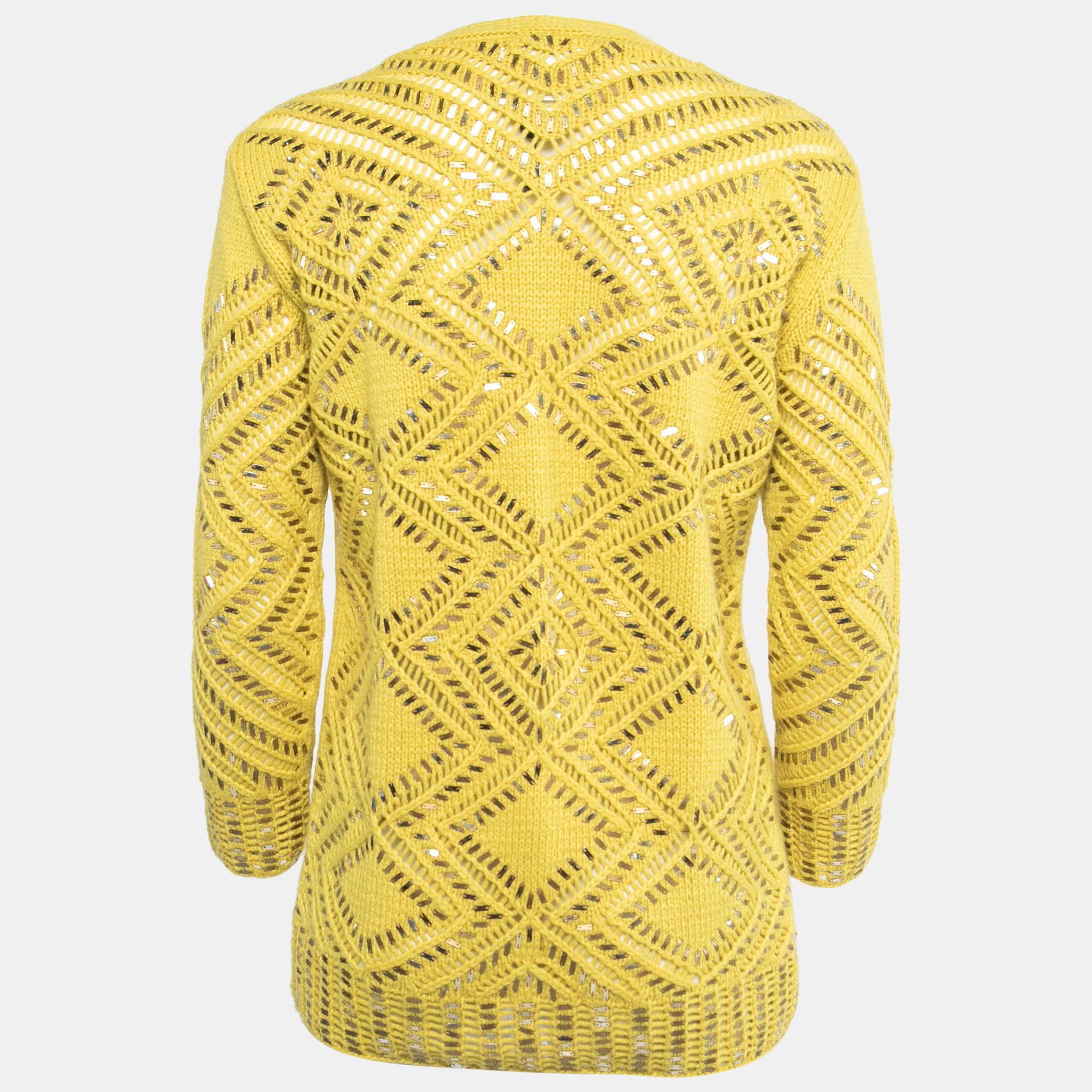 

Oscar de la Renta Yellow Embellished Cashmere Knit Button Front Cardigan