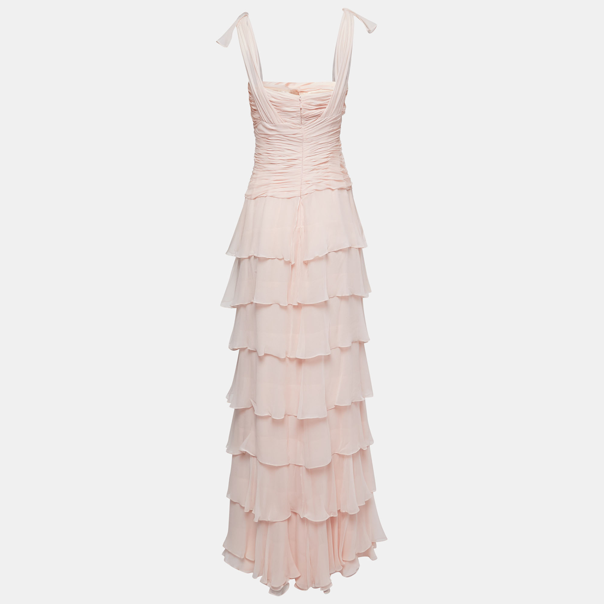 

Oscar de la Renta Light Pink Silk Ruched Corset Detail Sleeveless Tiered Gown
