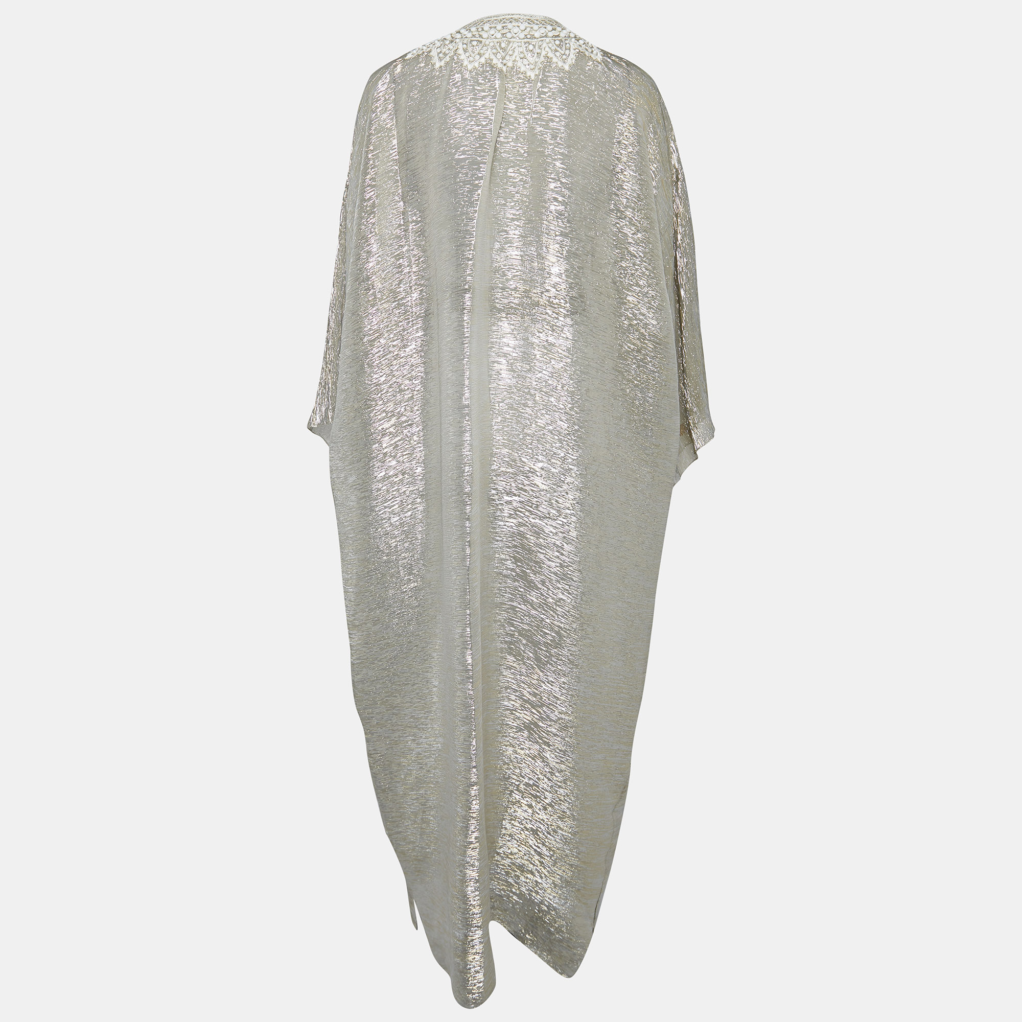 

Oscar de la Renta Metallic Silk Beaded Belted Kaftan Maxi Dress