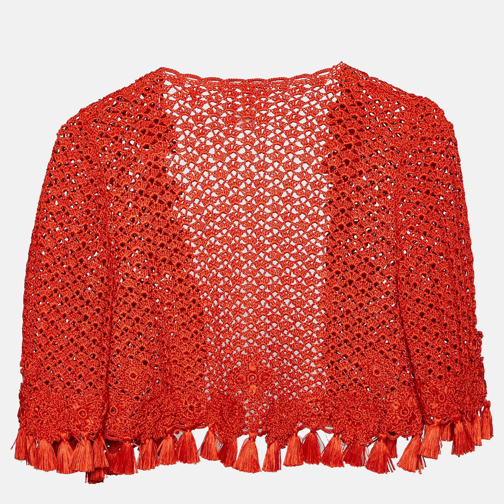 

Oscar de la Renta Burnt Orange Crochet Silk Knit Shrug