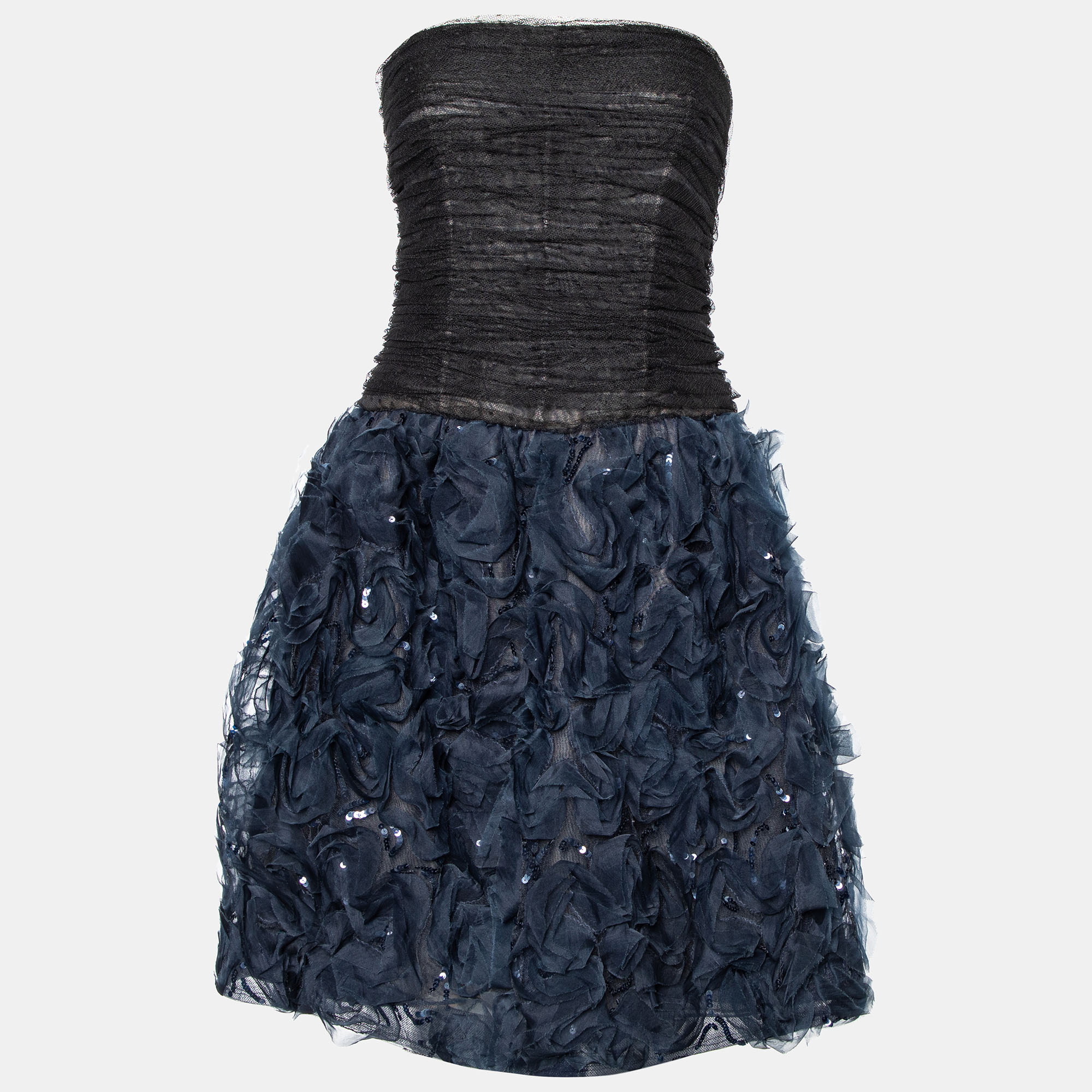 

Oscar de la Renta Black Tulle & Floral Silk Sequin Embellished Mini Dress