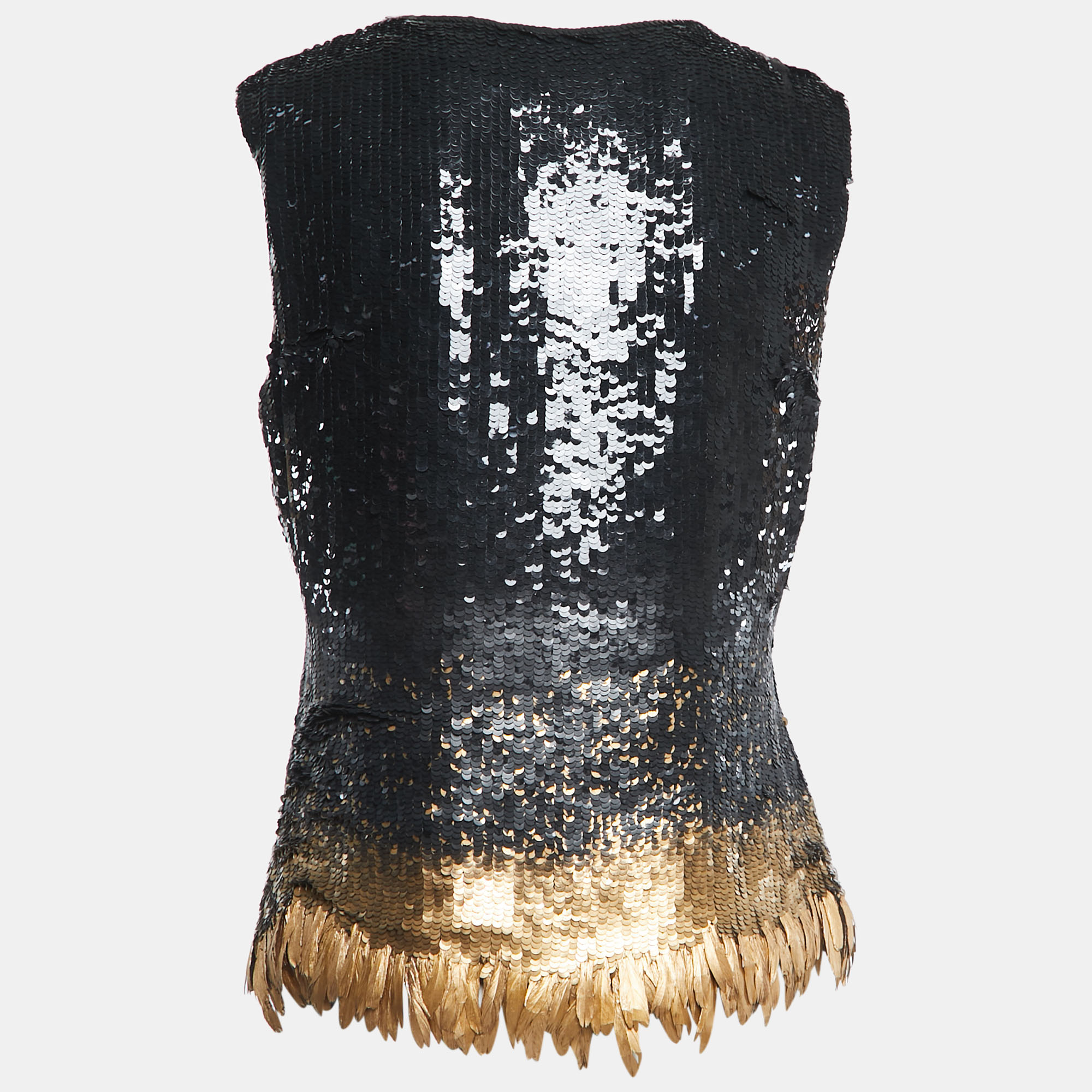 

Oscar de la Renta Black/Gold Sequined Feather Embellished Top