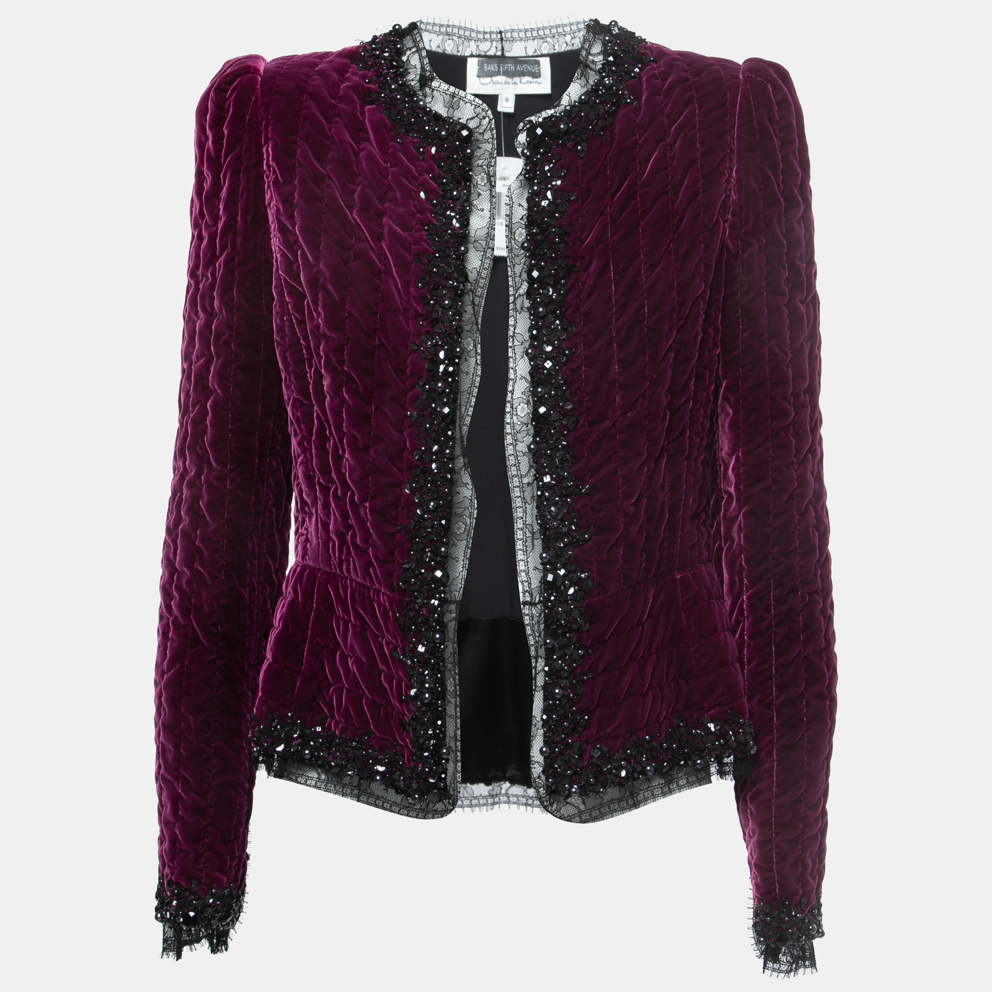Pre-owned Oscar De La Renta Purple Embellished Velvet Lace Trimmed Open Front Jacket M