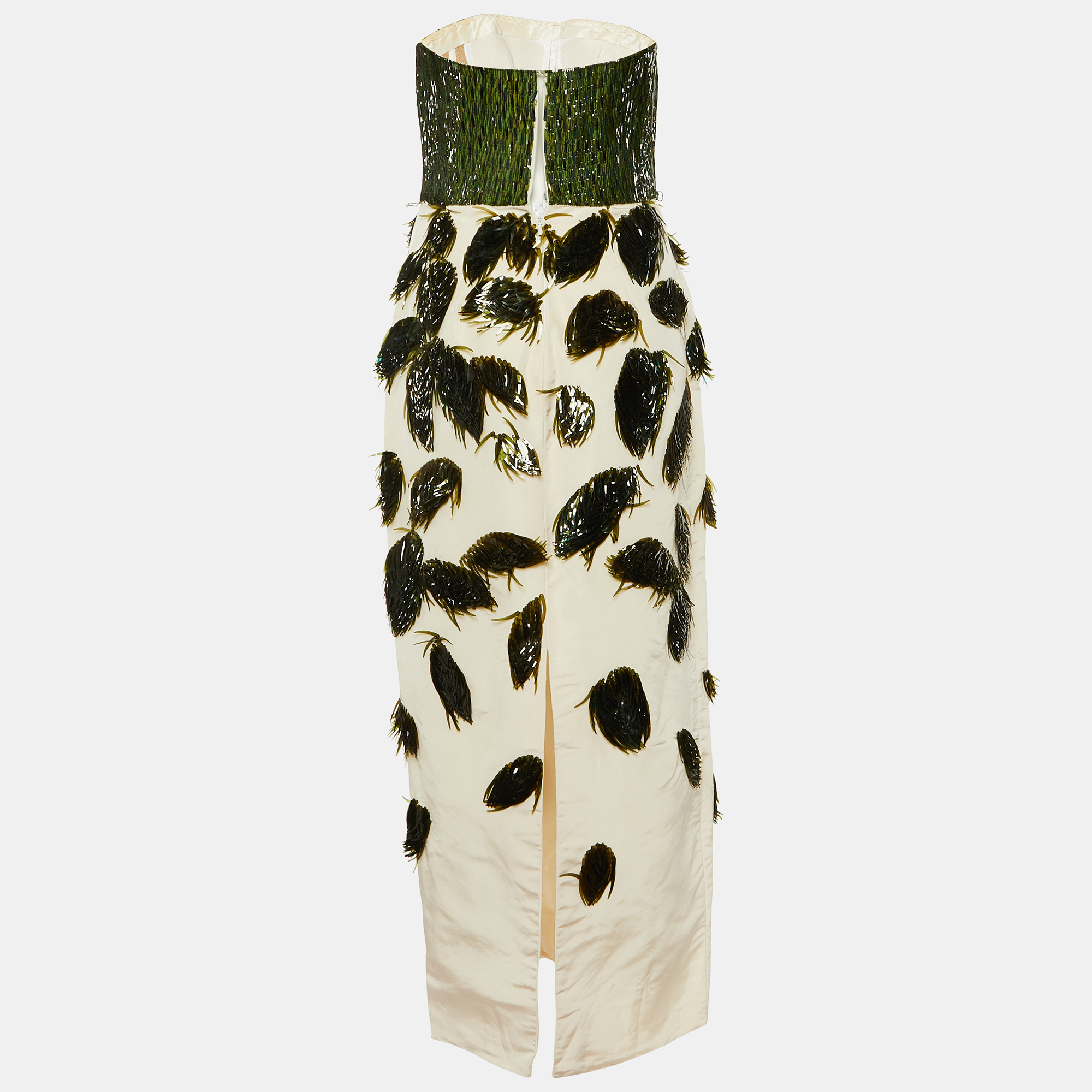 

Oscar de la Renta Cream Silk Green Leaf Embellished Strapless Gown