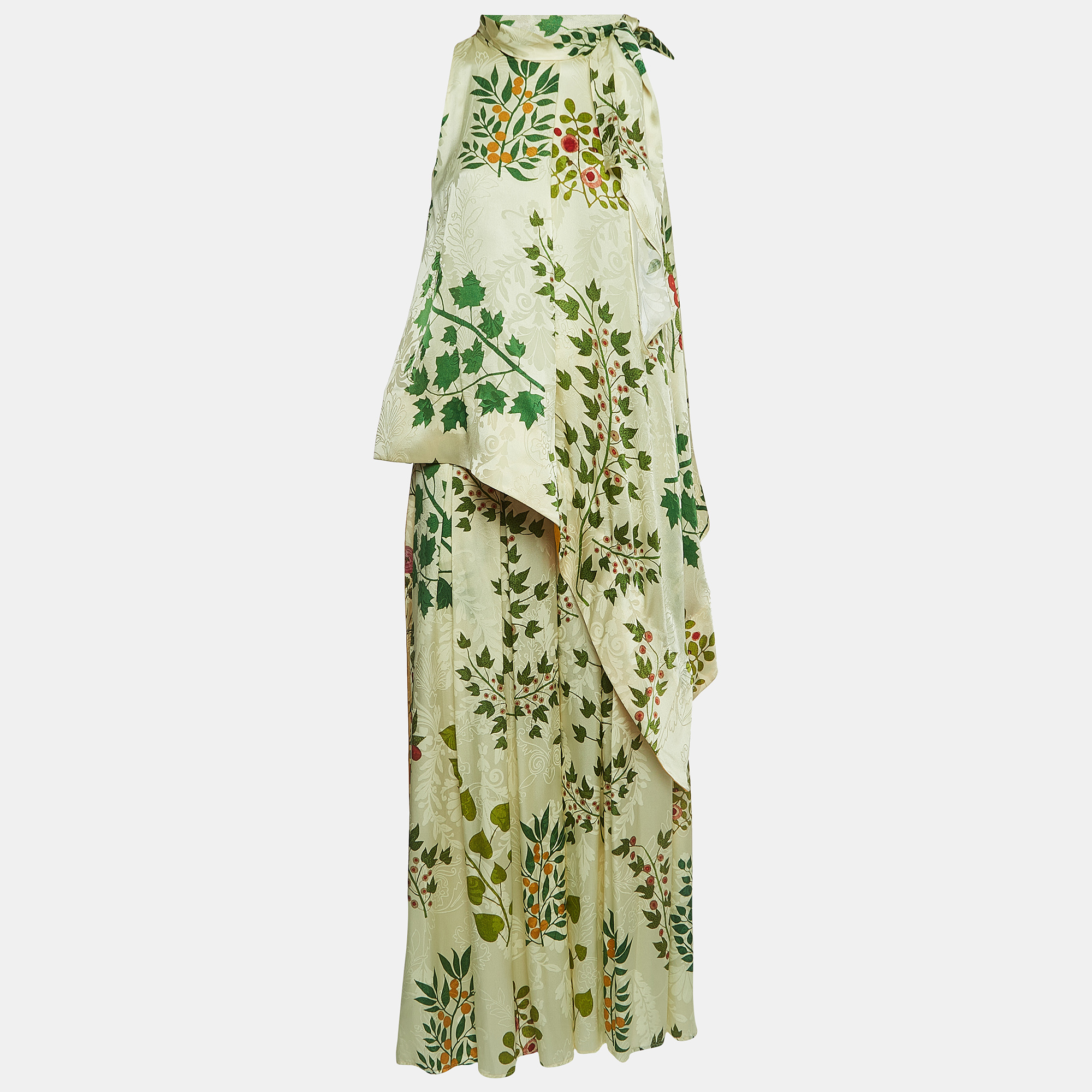 Pre Owned Oscar de la Renta Cream Floral Print Silk Asymmetrical Top and Trousers Set M