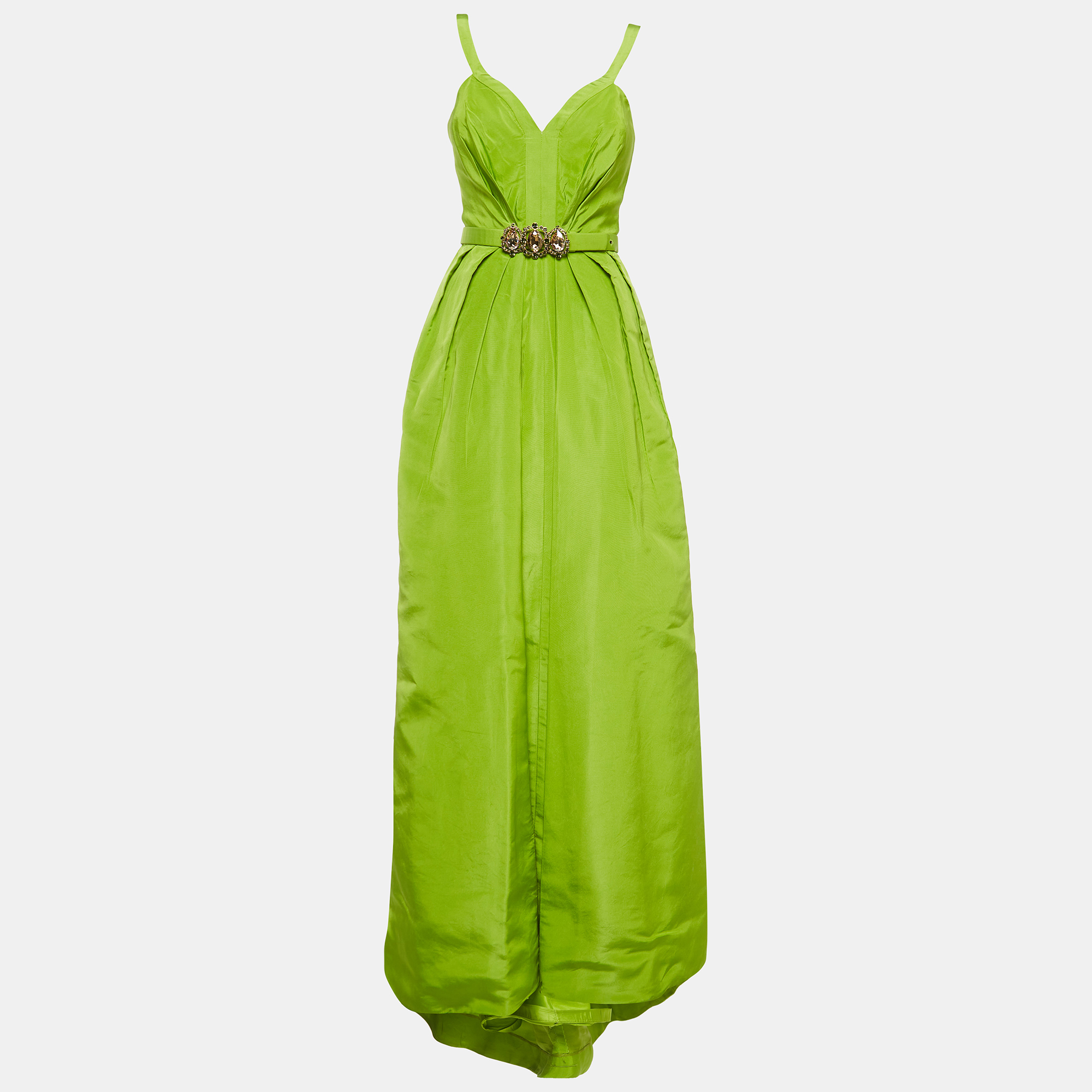 

Oscar de la Renta Green Silk Crystal Detail Belted Gown S