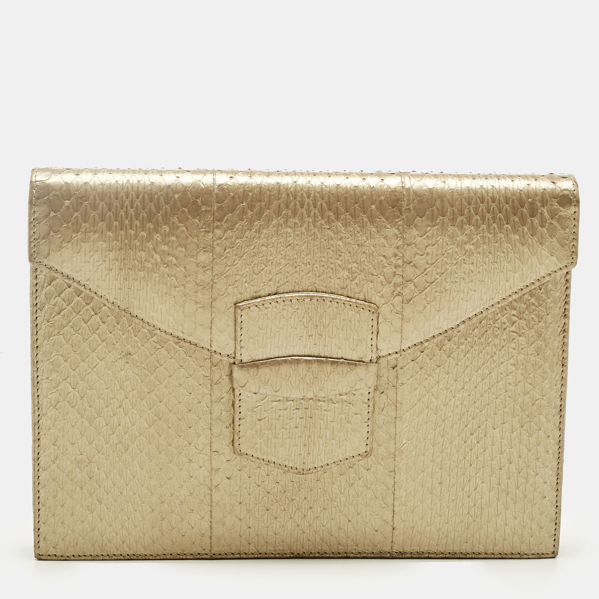 Pre-owned Oscar De La Renta Gold Watersnake Leather Small Grafton Clutch