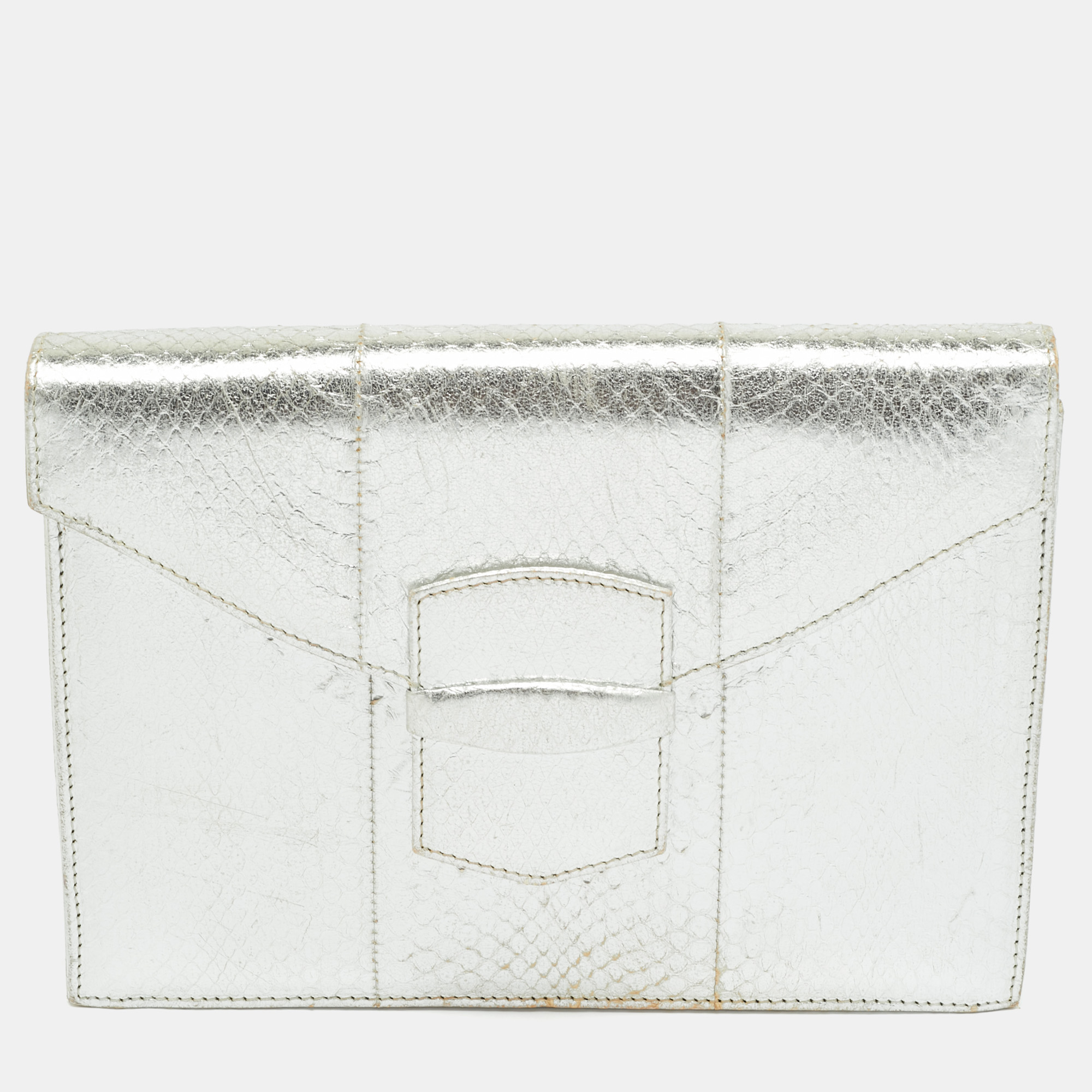 

Oscar de la Renta Silver Snakeskin Embossed Leather Flap Clutch