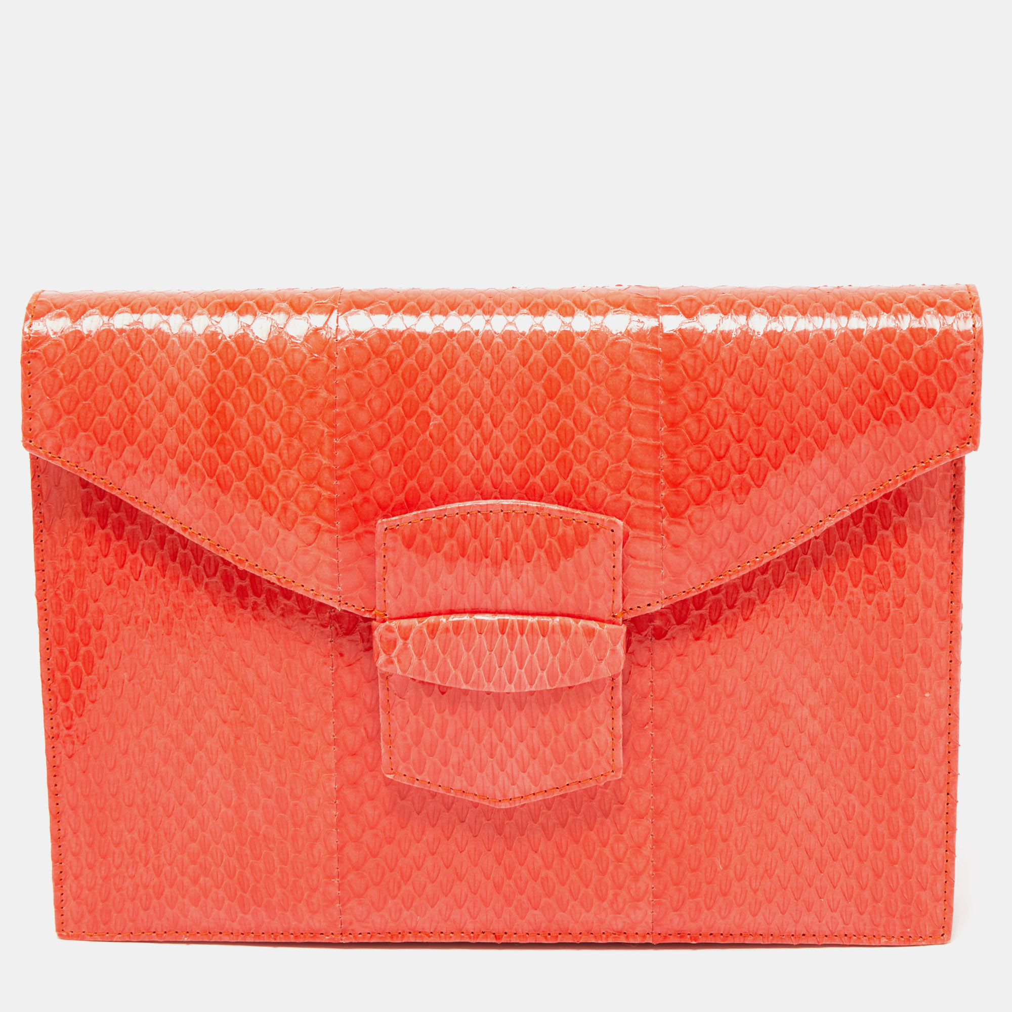 Pre Owned Oscar De La Renta Orange Watersnake Leather Small Grafton Clutch