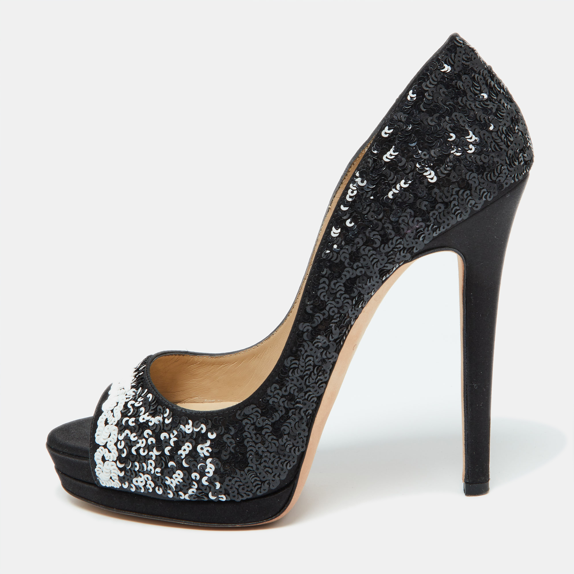 

Oscar de la Renta Black Satin and Sequins Peep Toe Platform Pumps Size