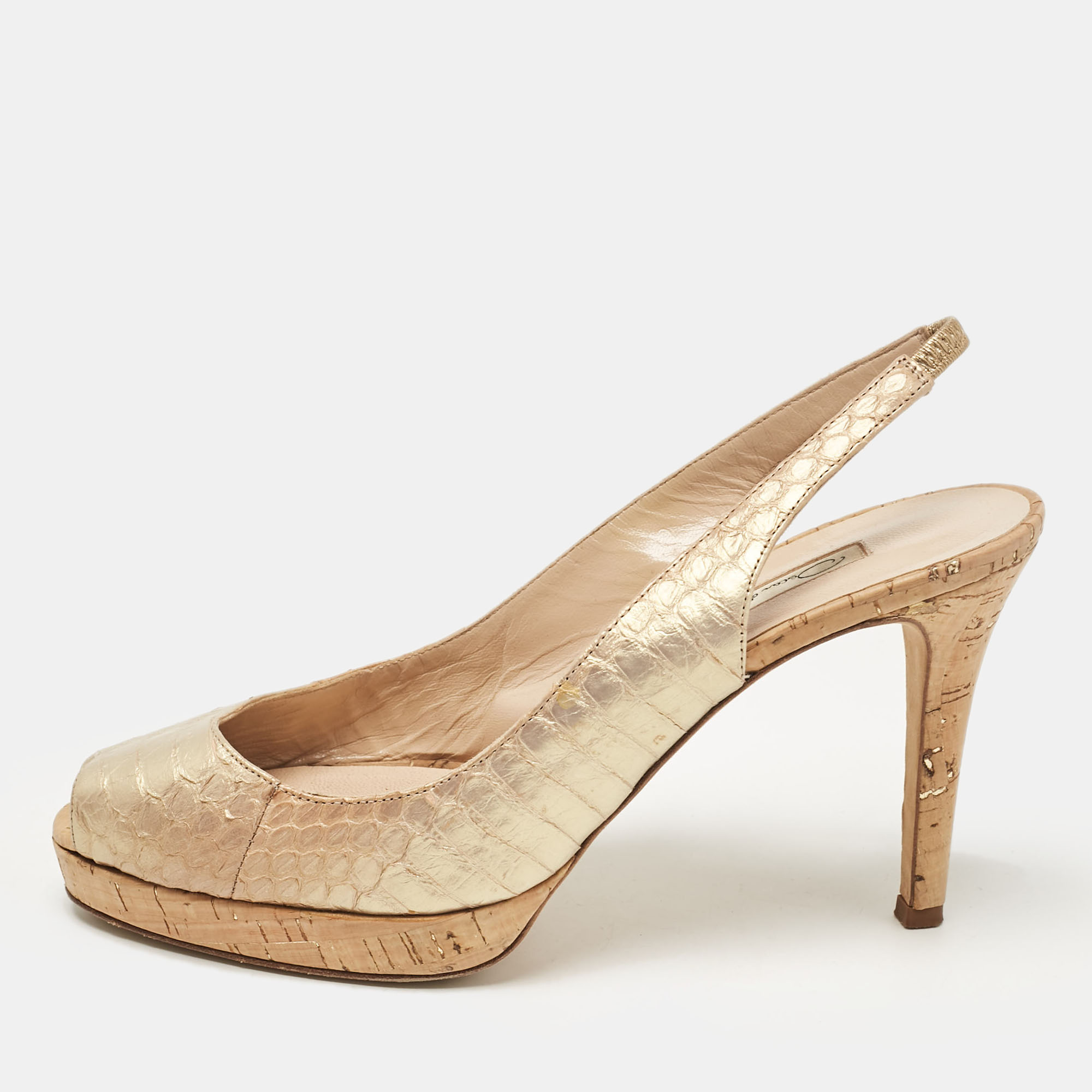 

Oscar de la Renta Gold Python Embossed Leather Peep Toe Pumps Size