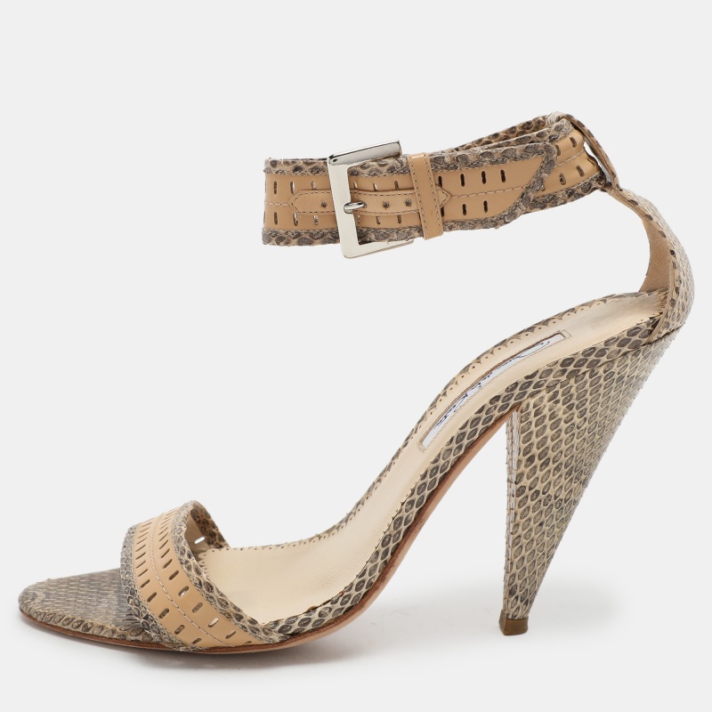 

Oscar de la Renta Beige/Brown Snakeskin Ankle Strap Sandals Size