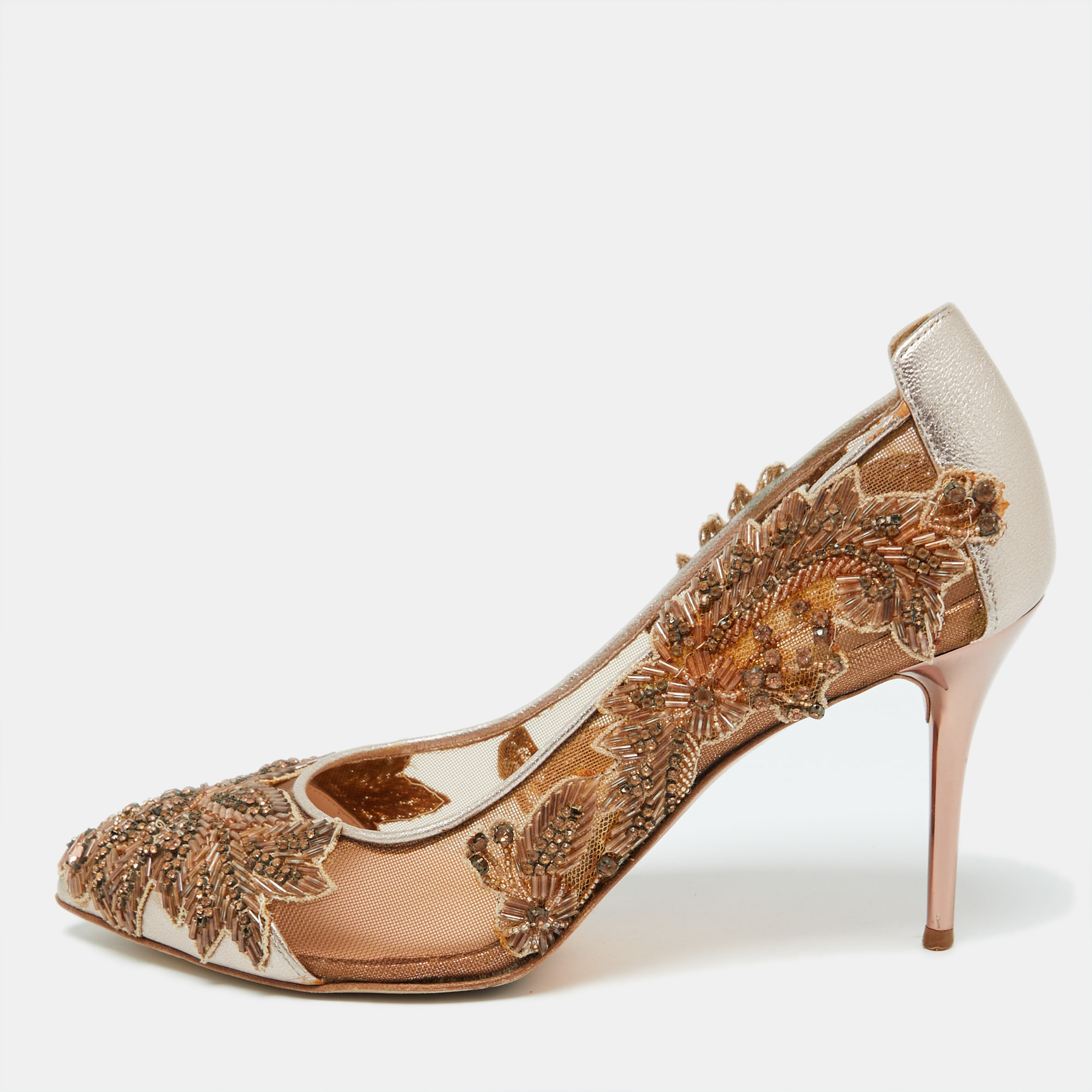 

Oscar de la Renta Beige Leather and Mesh Embellished Alyssa Pumps Size