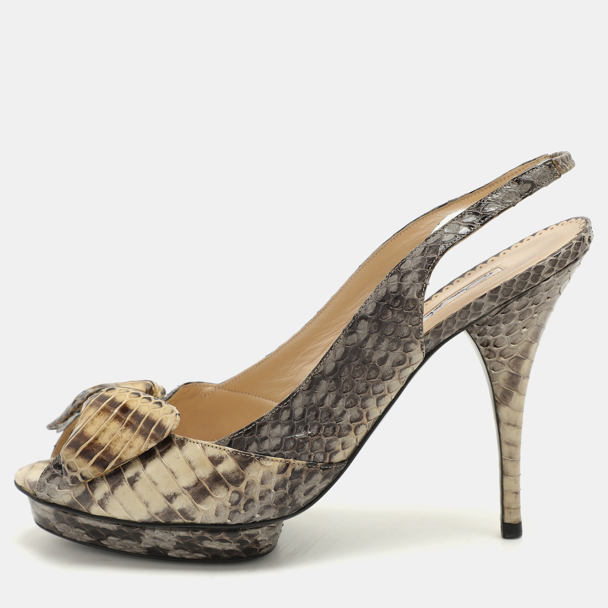 

Oscar de la Renta Snakeskin Leather Slingback Bow Peep Toe Sandals, Grey