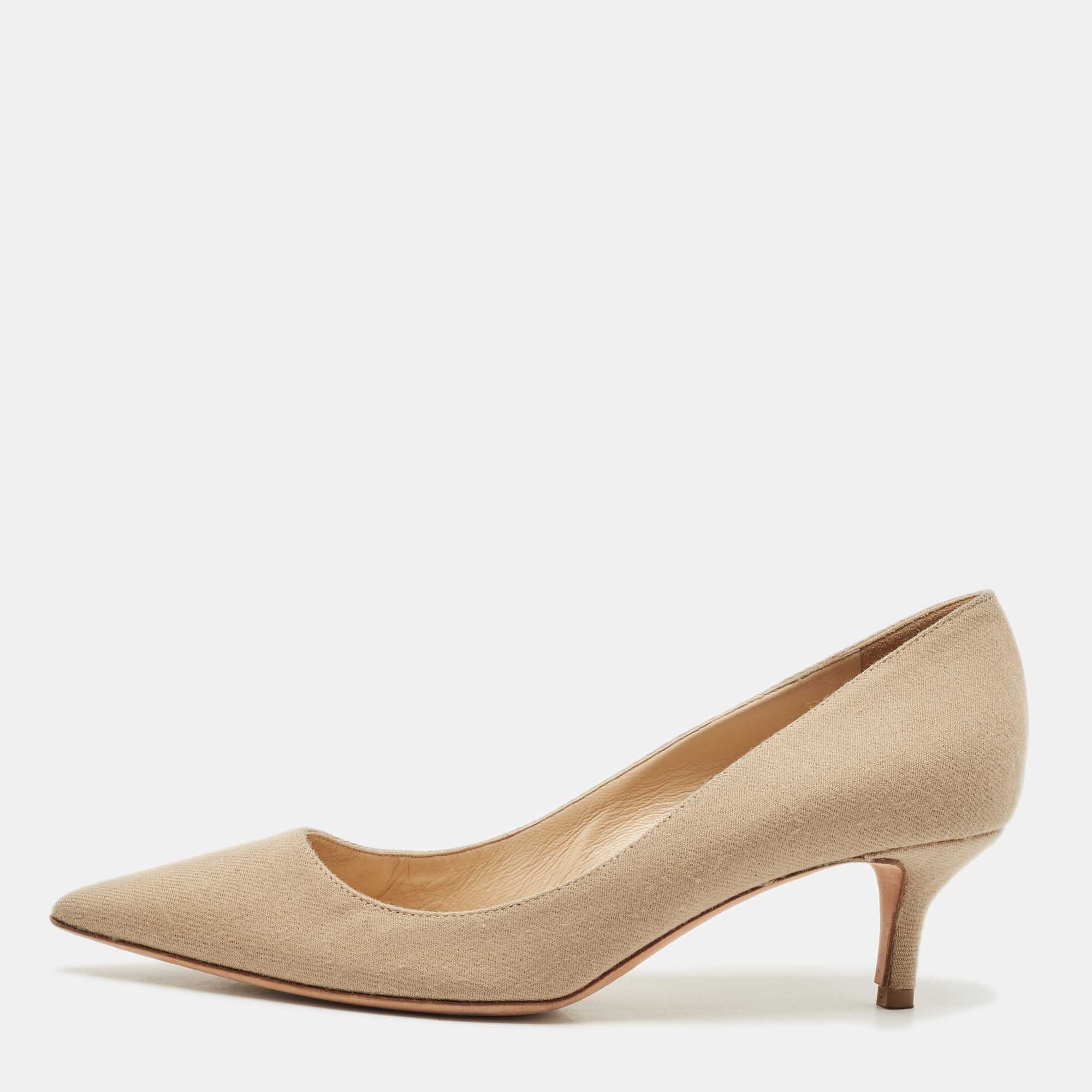 Pre-owned Oscar De La Renta Beige Canvas Pointed Toe Pumps Size 40 In Sand
