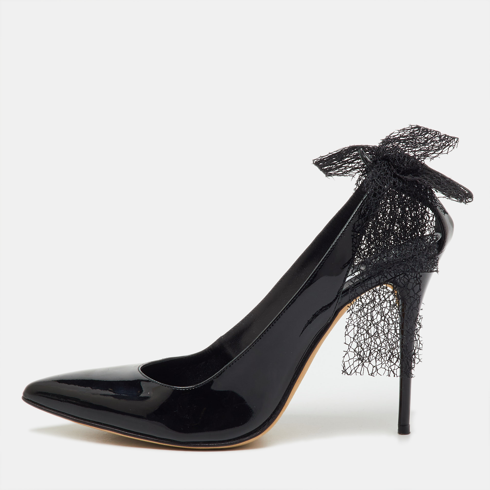 Pre-owned Oscar De La Renta Black Patent Leather Cut Out Bow Pumps Size 37.5