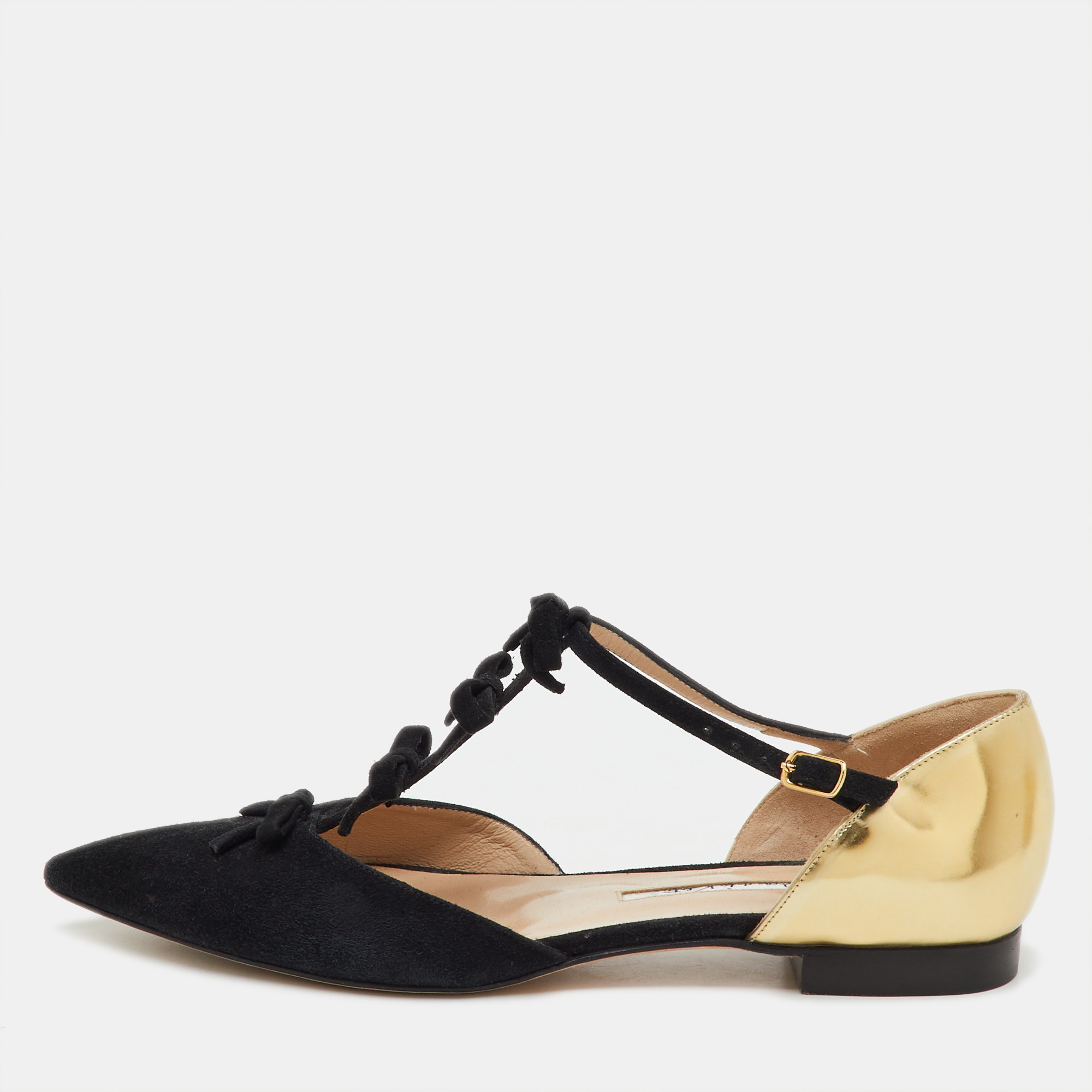 

Oscar de la Renta Black/Gold Suede and Leather Bow Accents Flats Size
