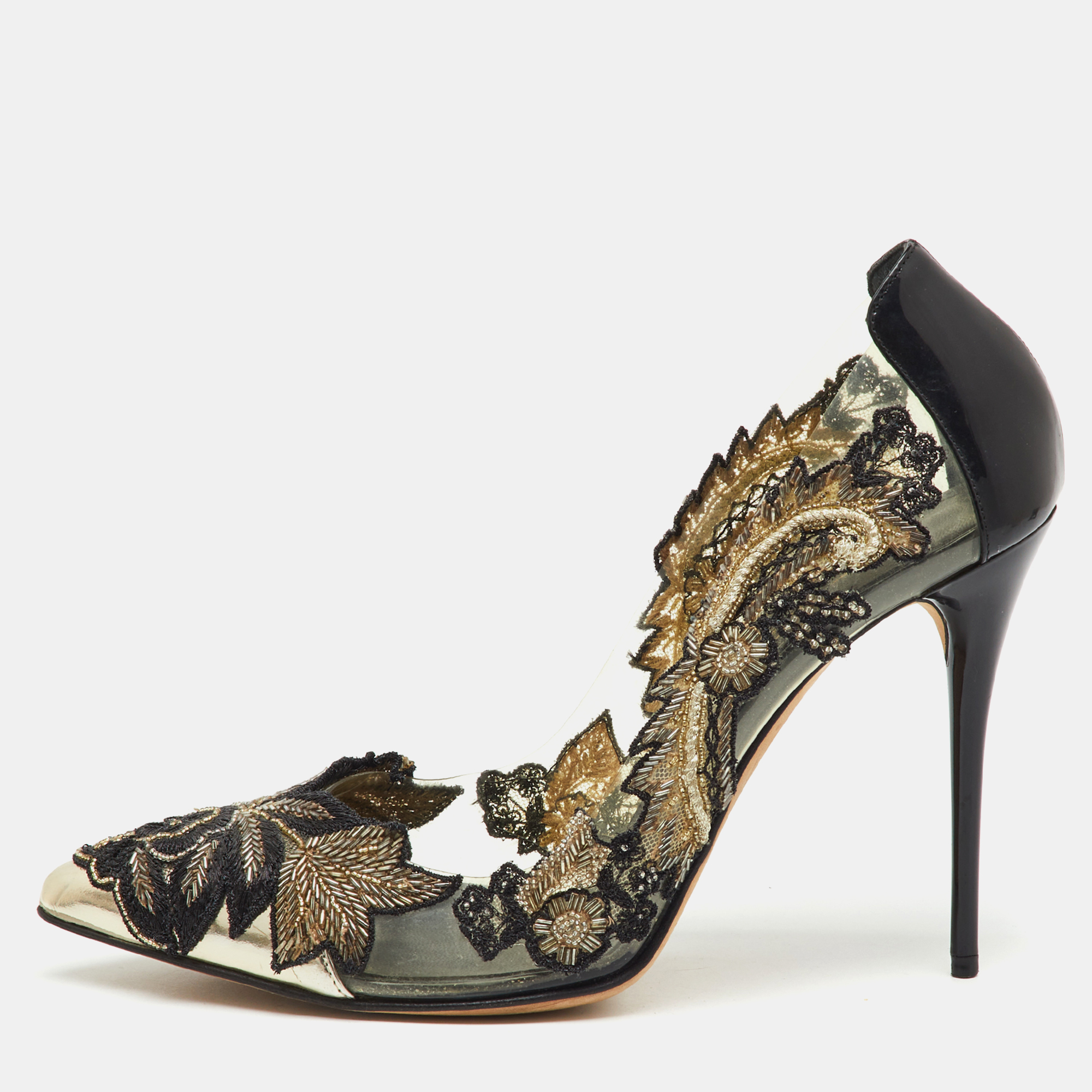 Pre-owned Oscar De La Renta Black Patent Leather And Pvc Alyssa Embellished Pointed Toe Pumps Size 40