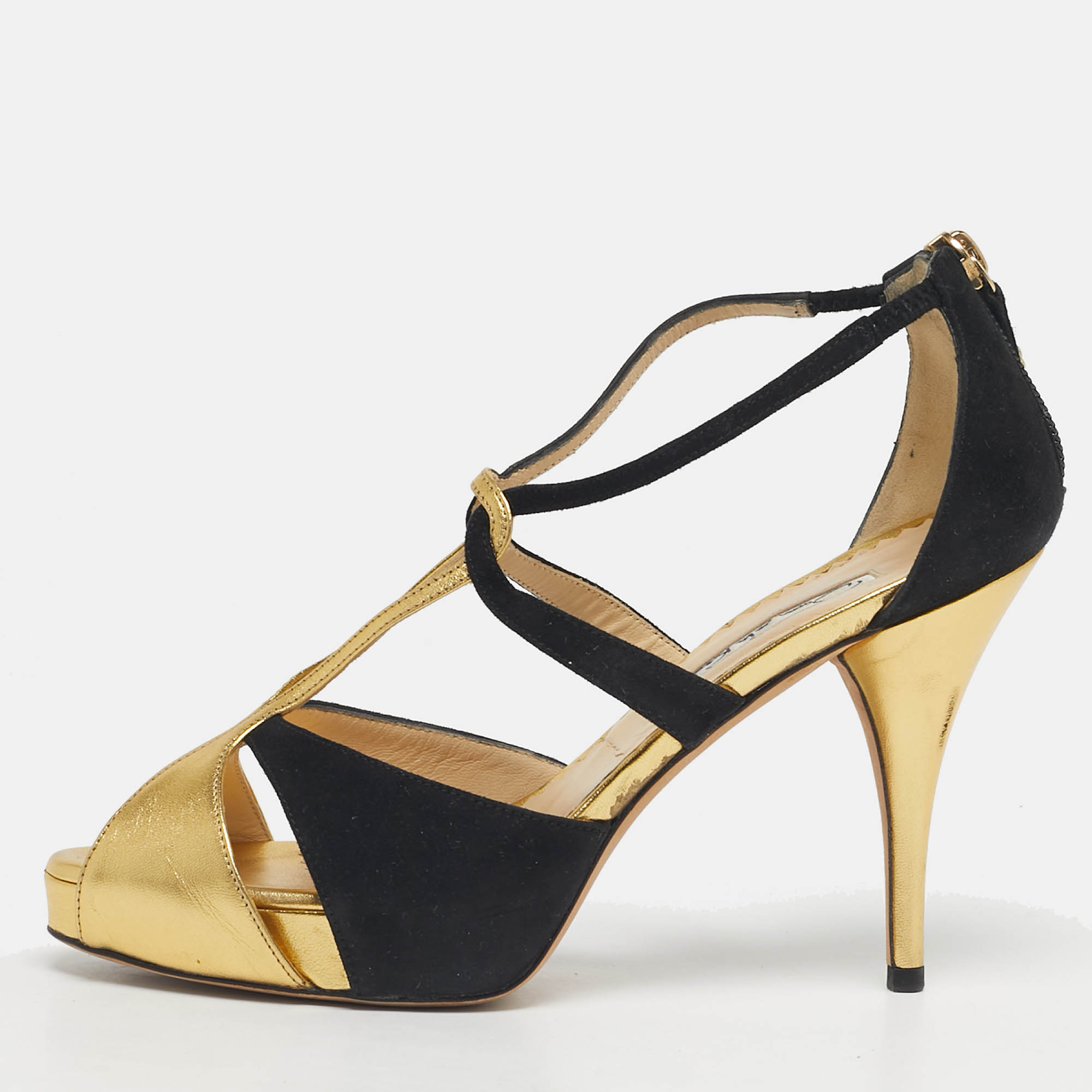 Pre-owned Oscar De La Renta Gold/black Leather And Suede Ankle Strap Sandals Size 36
