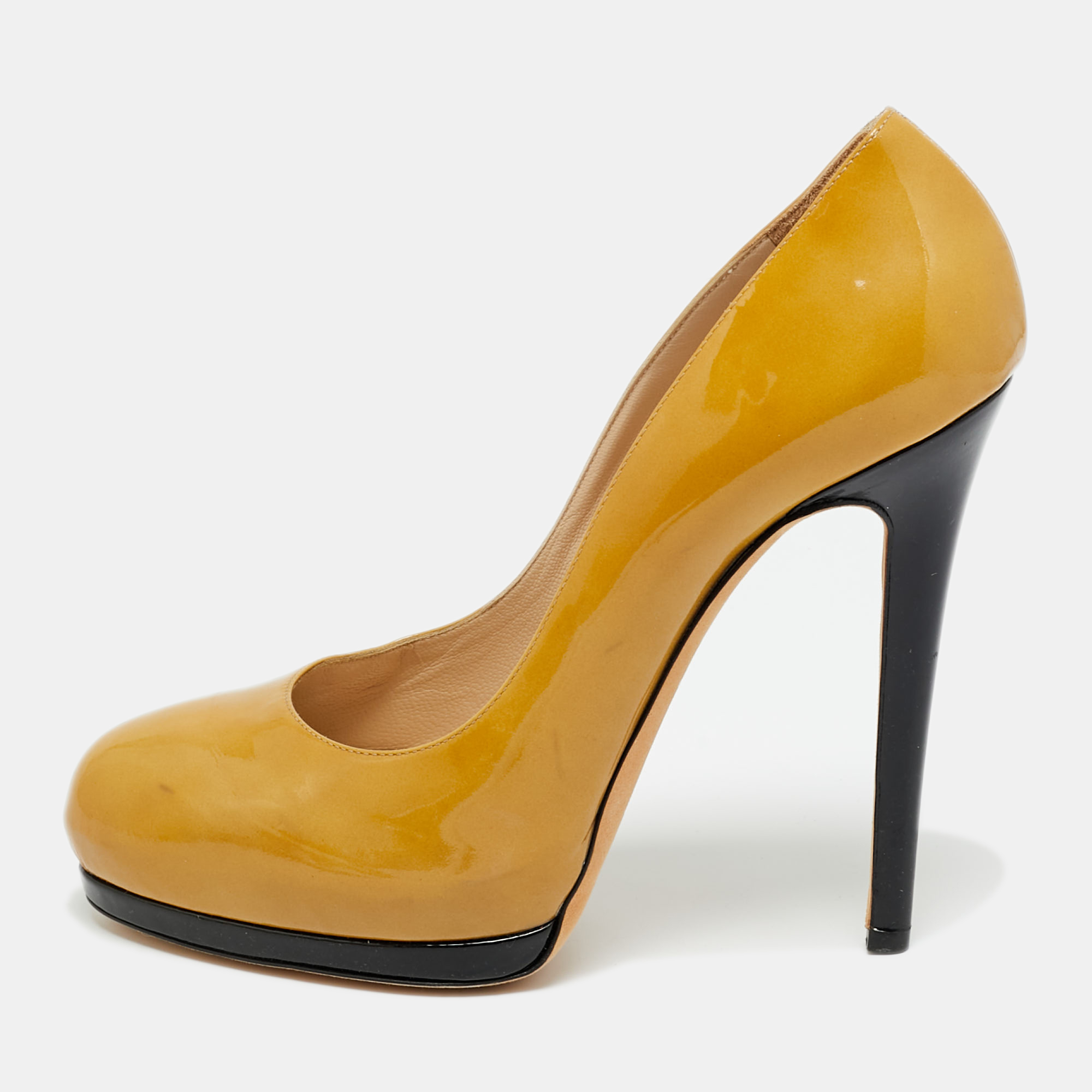 Pre-owned Oscar De La Renta Yellow Patent Leather Round Toe Platform Pumps Size 40.5