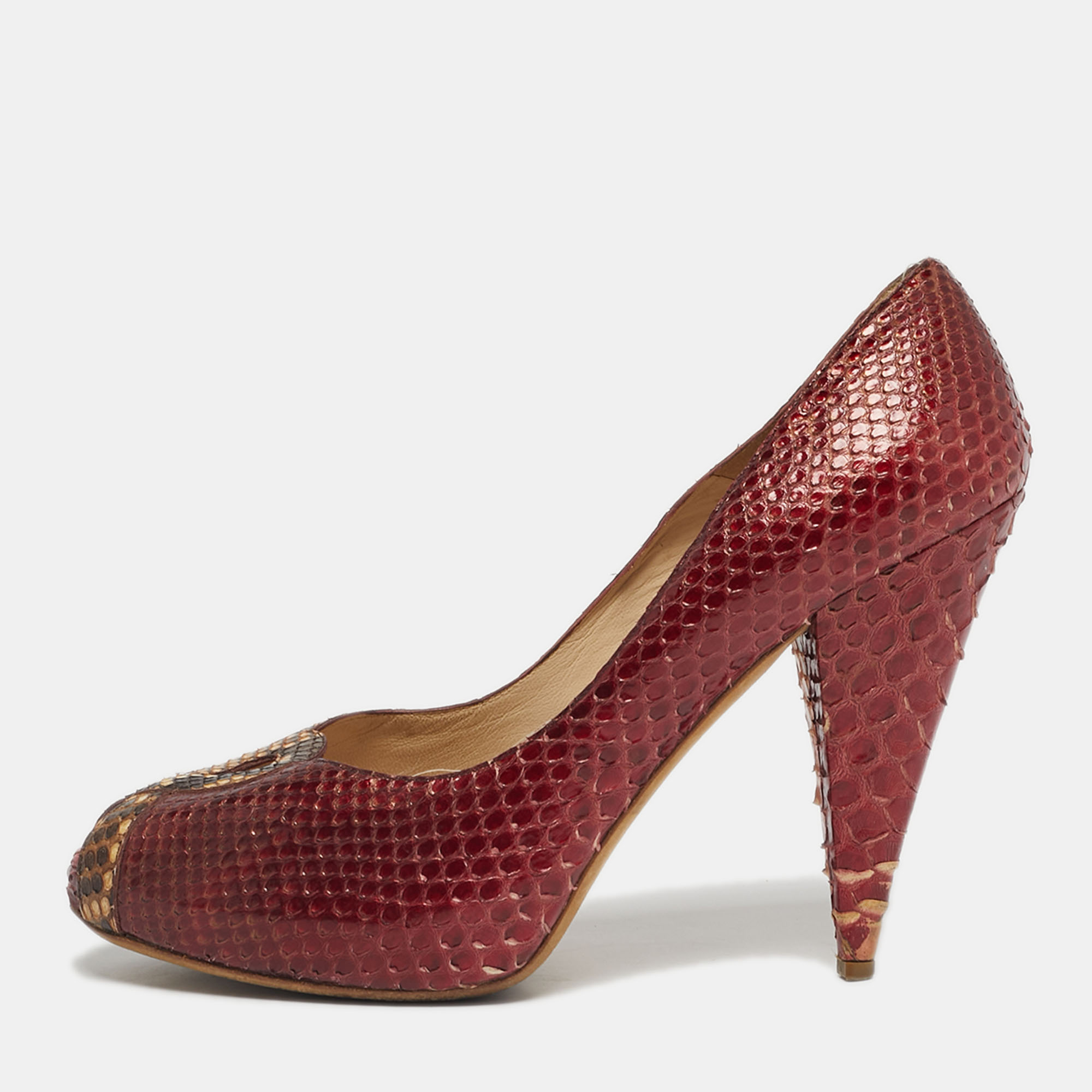 

Oscar de la Renta Size  Tricolor Python Leather Platform Peep Toe Pumps, Burgundy