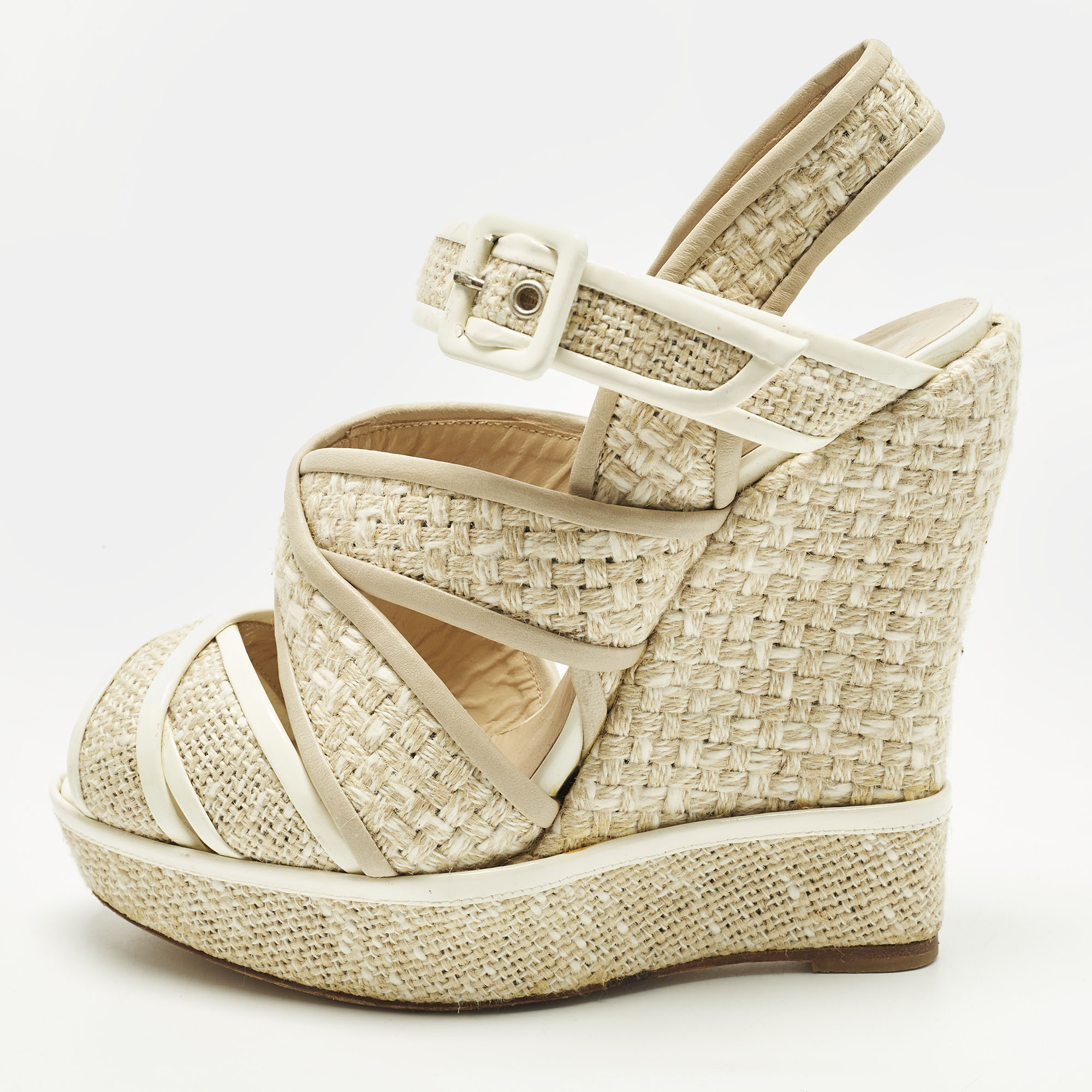 

Oscar de la Renta Size  Cream Leather and Straw Wedge Sandals