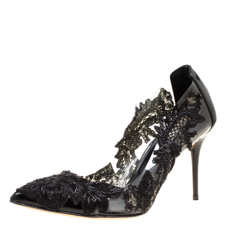 Pre Owned Oscar de la Renta Black Patent Leather and PVC Alyssa Embroidered Pumps Size 38
