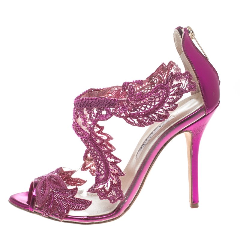 

Oscar de la Renta Metallic Pink Leather and PVC Ambria Embellished Peep Toe Sandals Size