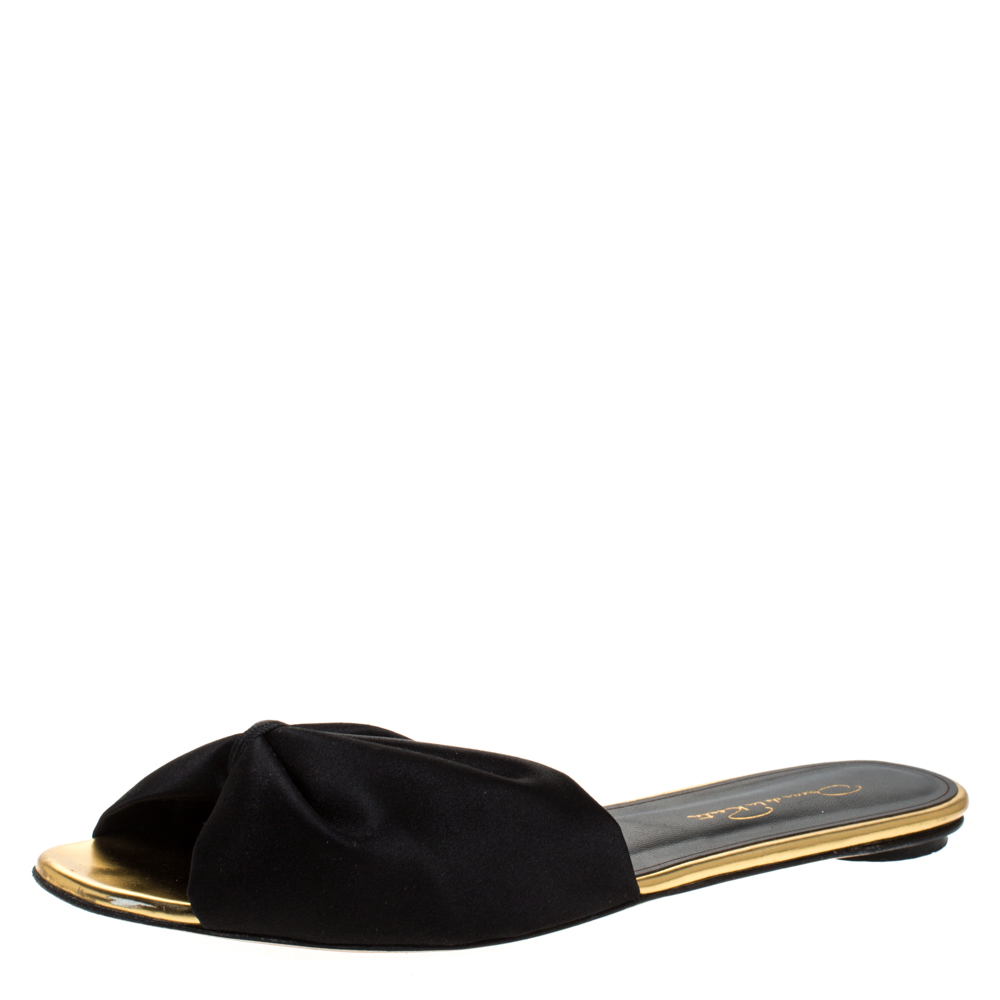 Pre-owned Oscar De La Renta Black Satin Mia Flat Slides Size 40