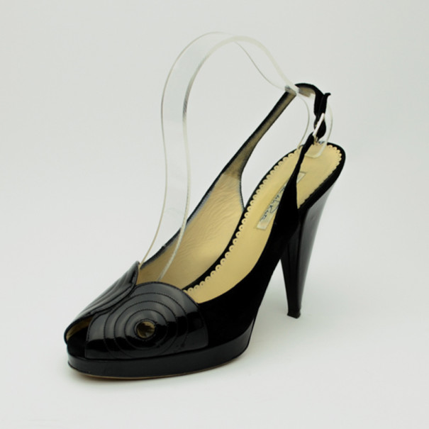 Pre Owned Oscar De La Renta Black Leather & Suede Peep Toe Platform Slingback Sandals Size 40