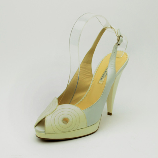 Pre Owned Oscar De La Renta White Leather Peep Toe Platform Slingback Sandals Size 40