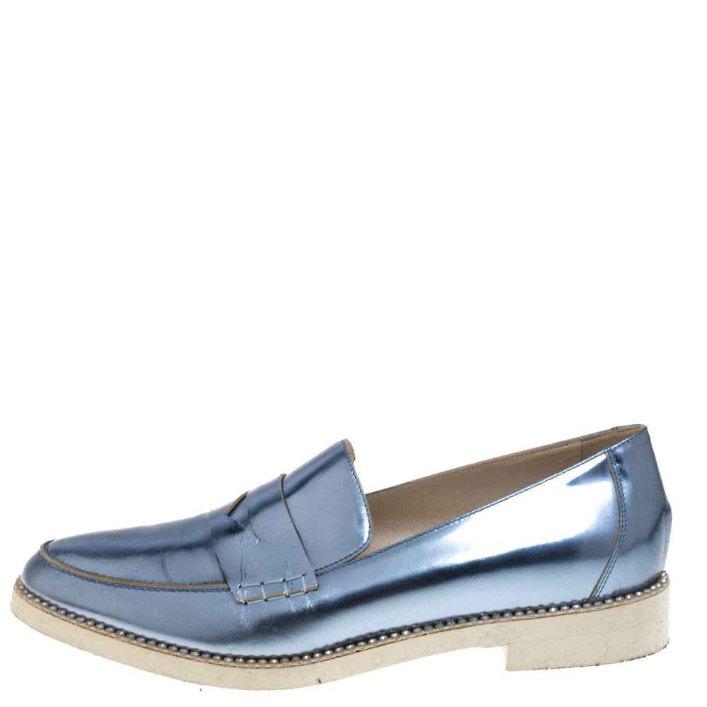 

Oscar de la Renta Metallic Blue Leather Tenzin Penny Slip On Loafers Size