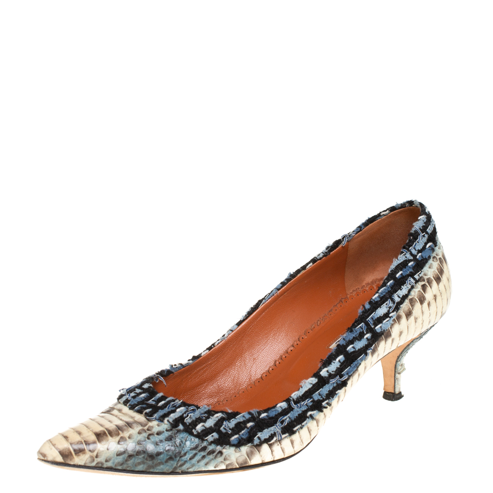 Pre-owned Oscar De La Renta Multicolor Python Embossed Leather And Fabric Pointed Toe Pumps Size 39.5