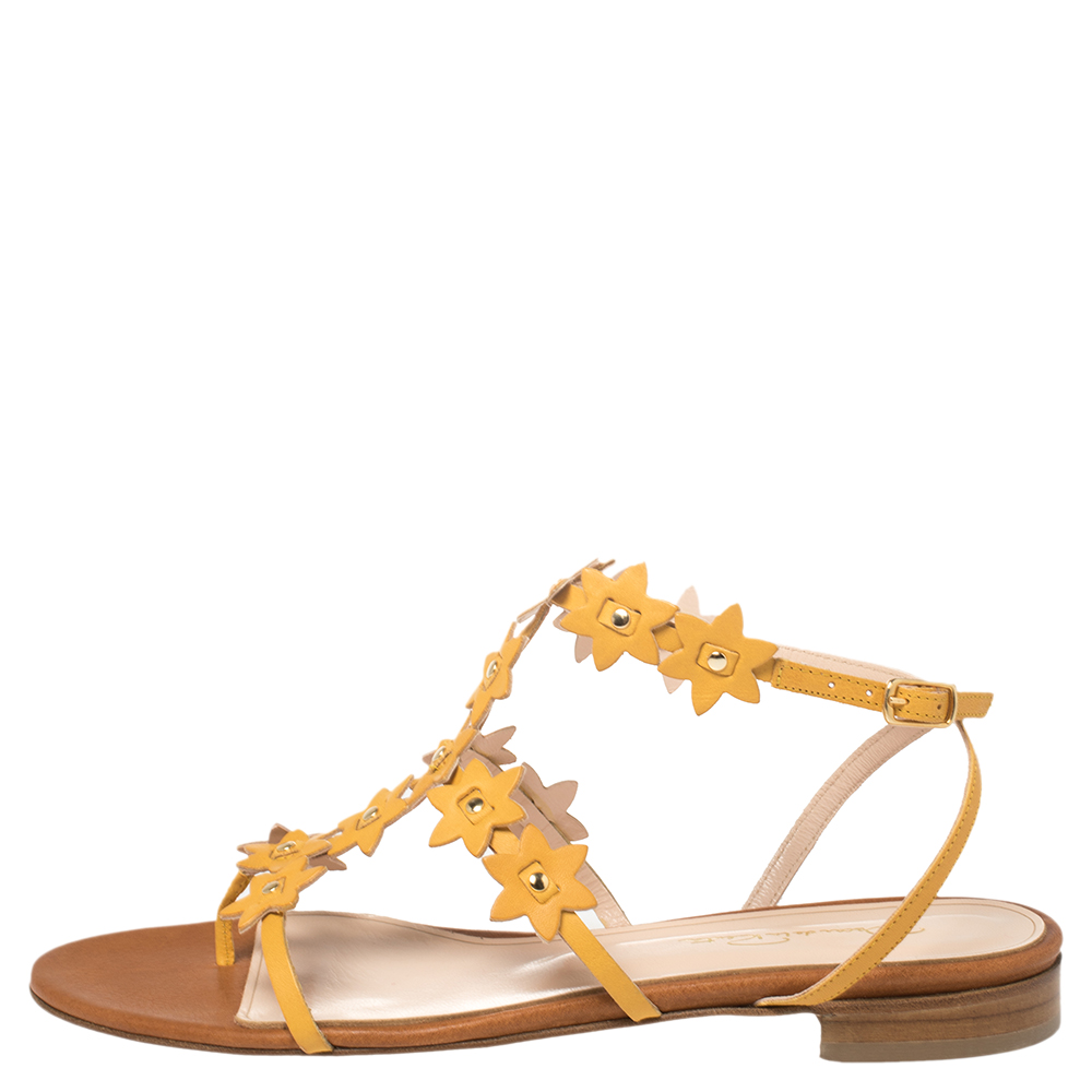 

Oscar de la Renta Yellow Floral Jenisa Ankle Strap Flat Sandals Size