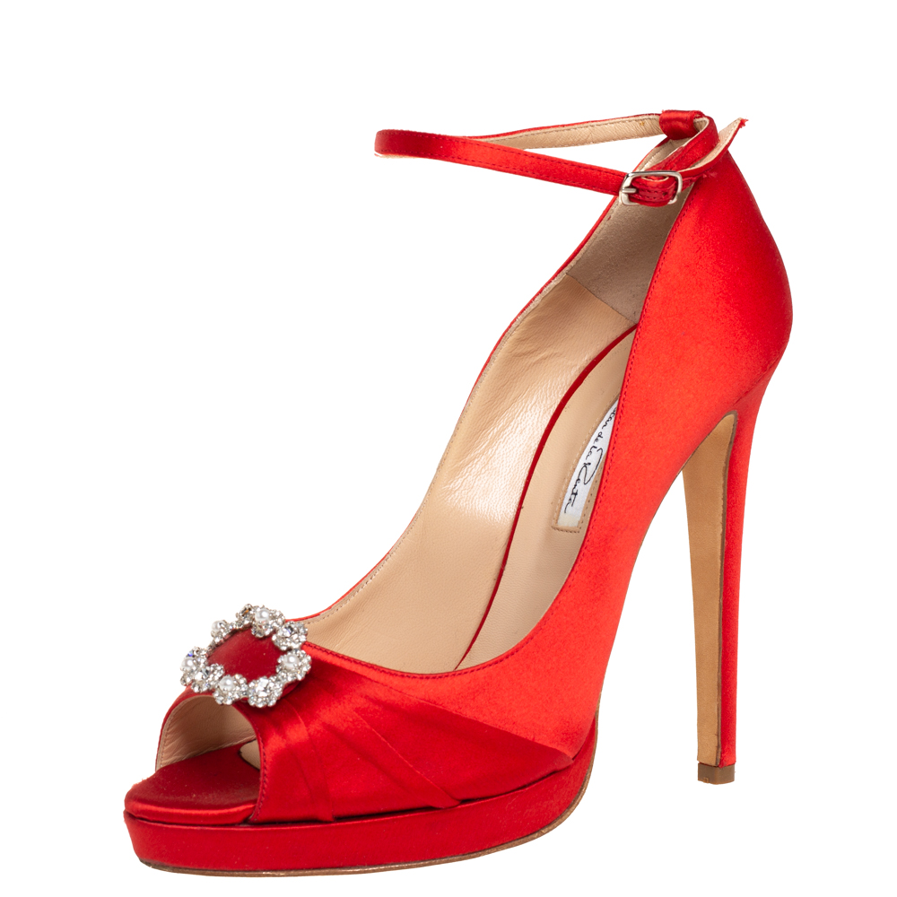 Pre-owned Oscar De La Renta Red Satin Crystal Embellished Peep Toe Ankle Strap Pumps Size 40