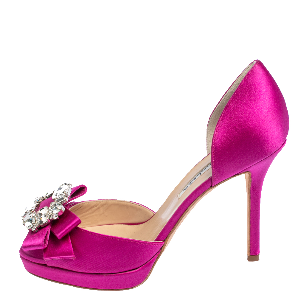 

Oscar de la Renta Pink Satin Crystal Embellished Bow D'Orsay Pumps Size